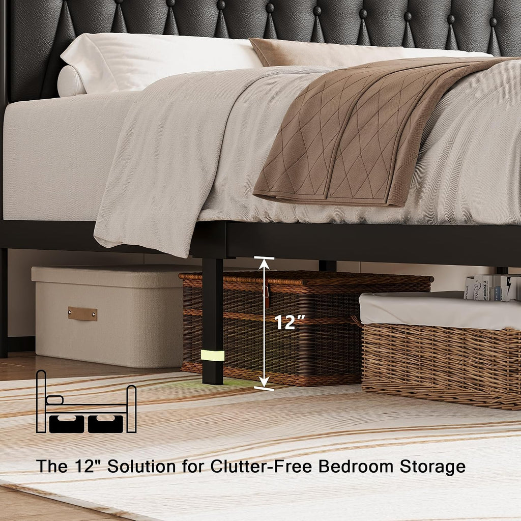 Einhomn Full Size Bed Frame with Charging Station, Platform Bed with Faux Leather Upholstered Storage Headboard & Footboard, 12' Underbed Space, Noise-Free, Easy Assembly, No Box Spring Needed, Black