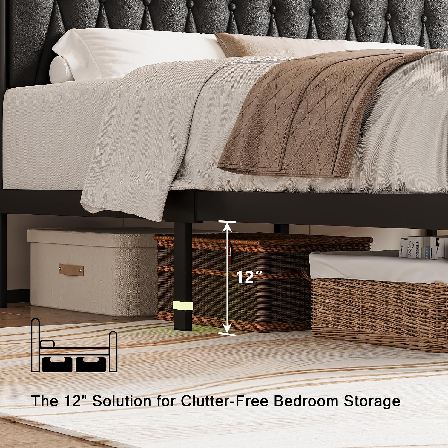 Einhomn Full Size Bed Frame with Charging Station, Platform Bed with Faux Leather Upholstered Storage Headboard & Footboard, 12' Underbed Space, Noise-Free, Easy Assembly, No Box Spring Needed, Black