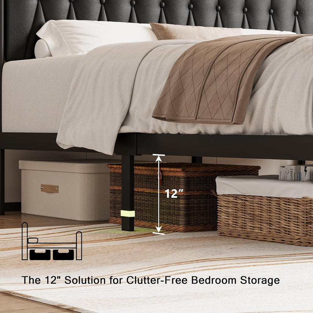 Einhomn Queen Bed Frame with Charging Station, Platform Bed with Faux Leather Upholstered Storage Headboard & Footboard, 12' Underbed Space, Noise-Free, Easy Assembly, No Box Spring Needed, Black