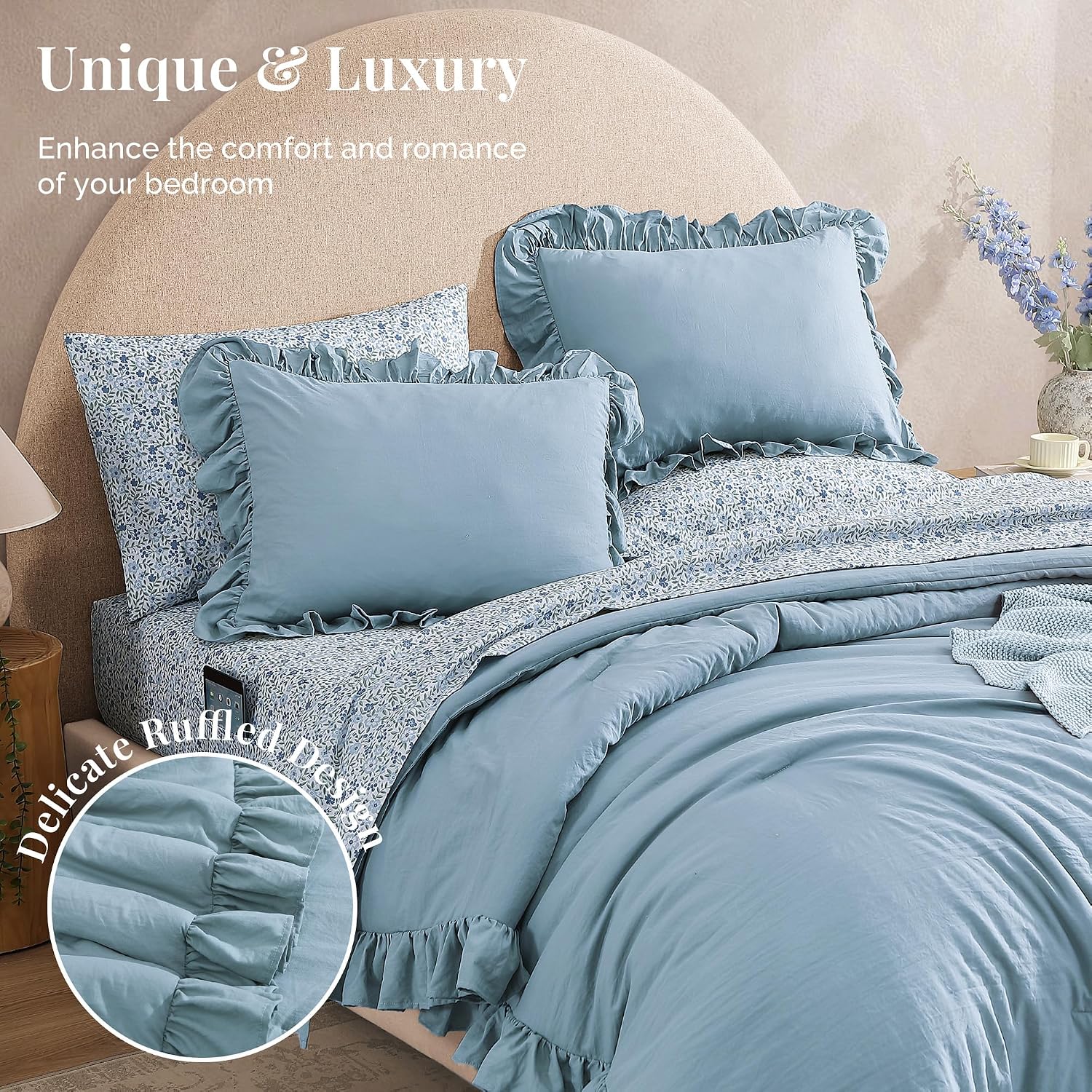 BLOOMHAVEN Oversized King Comforter Set - 7 Pieces Ruffle Blue Bedding Sets, Shabby Chic Farmhouse Bed in a Bag with Ruffle Comforter, Floral Sheets, Pillowcases & Shams