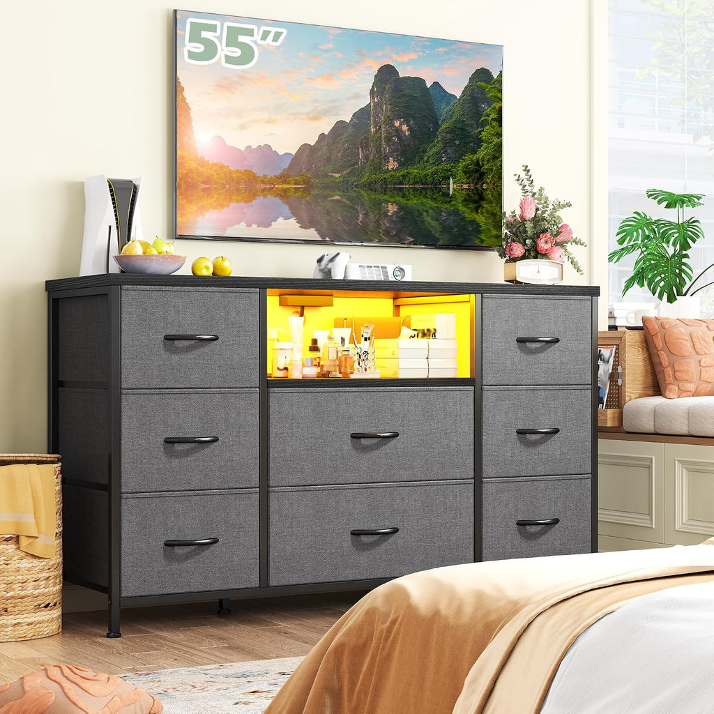 EnHomee Dresser for Bedroom with LED Lights & Charging Station, Dresser TV Stand for Bedroom with 8 Drawer for 55 inch TV, Fabric Dressers & Chests of Drawers with Shelves for Hallway Entryway, Grey