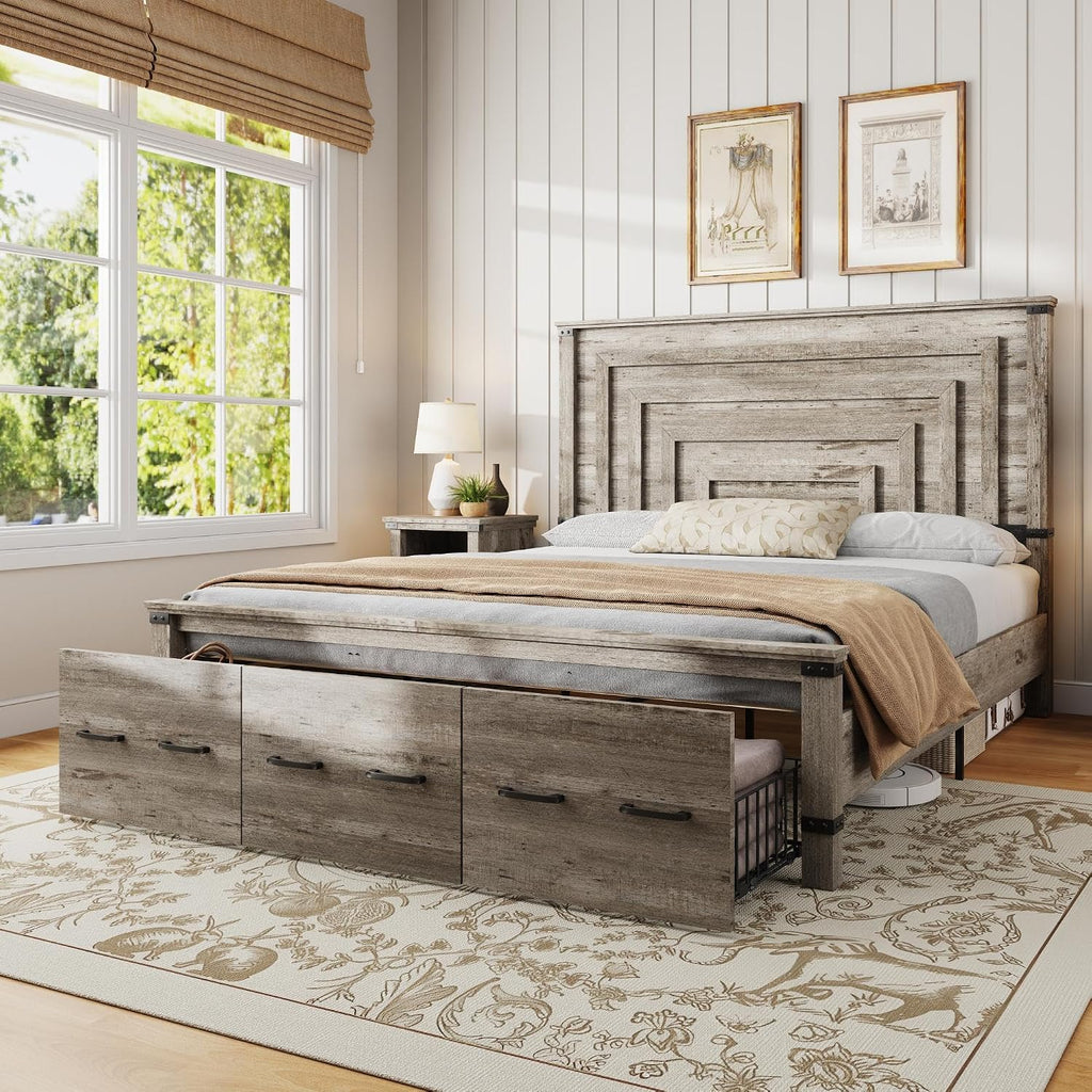 AMERLIFE King Bed Frame with 51' Tall Headboard, 3 Large Storage Drawers, Wood Platform Bed, No Box Spring Needed, Silent Frame, Easy Assembly, Farmhouse, Rustic Grey