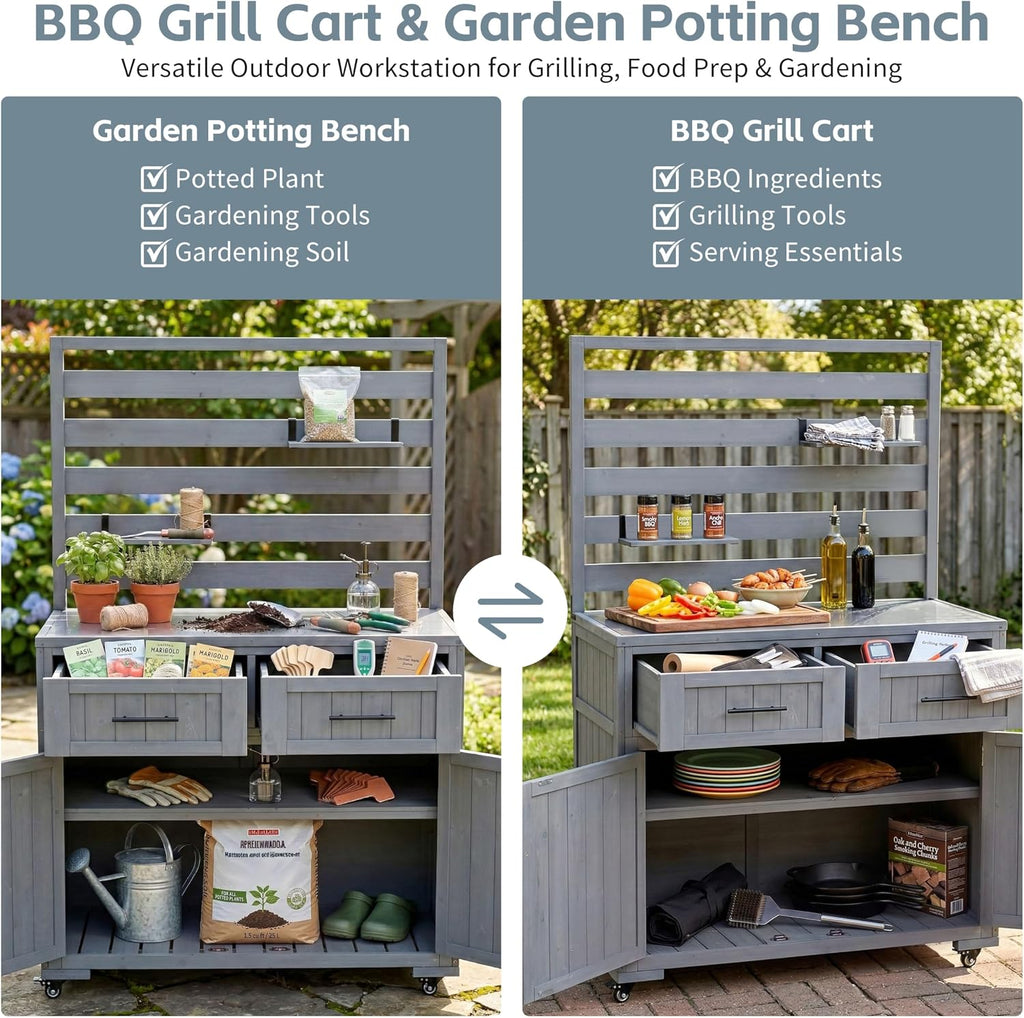 Solid Wood Grill Prep BBQ Table,Garden Potting Bench with Stainless Table Top,3 Movable Shelves and 2 Drawers (Gray-LP)
