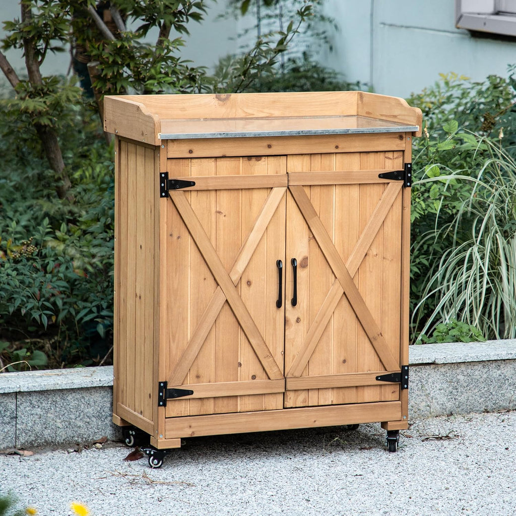 TAKUKA Outdoor Wooden Potting Bench with Wheel Double Doors & Metal Tabletop, Outside Storage Cabinet & Horticultural Planting Work Table for Garden Balcony Backyard
