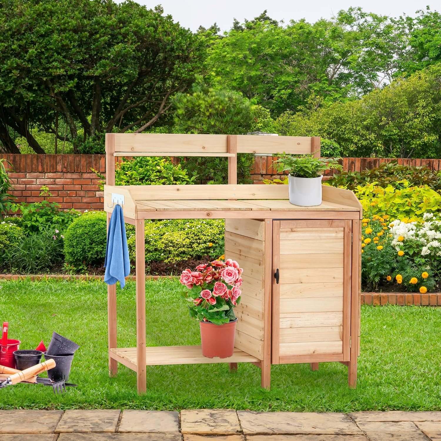 Outdoor Potting Bench Table with Sink and Storage Cabinet - Gardening Workstation for Patio and Lawn Organization with Sliding Tabletop and Tool Hooks