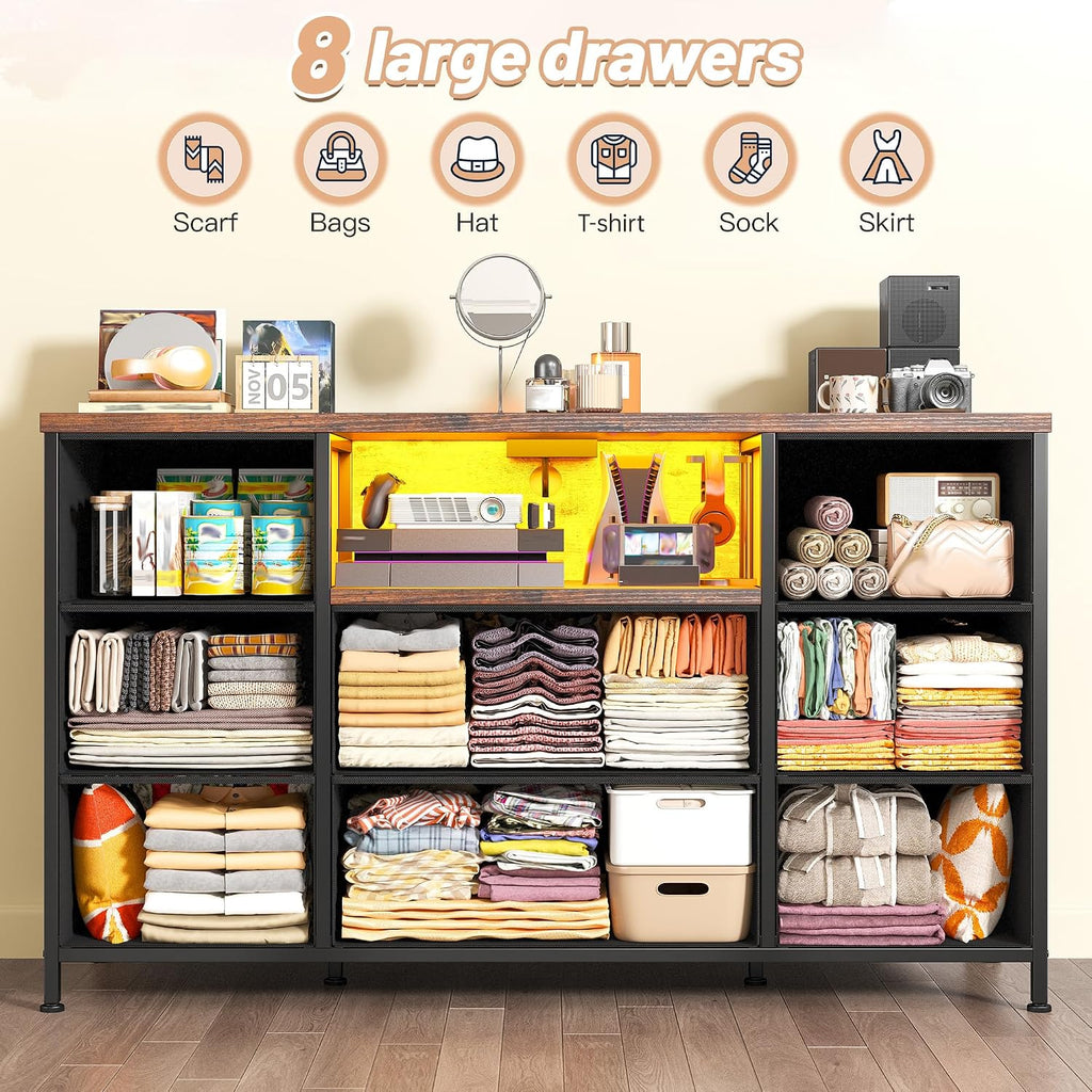 Dresser for Bedroom with LED Lights & Charging Station, Dresser TV Stand for Bedroom with 8 Drawer for 55 inch TV, Fabric Dressers & Chests of Drawers with Shelves for Hallway Entryway, Rustic Brown