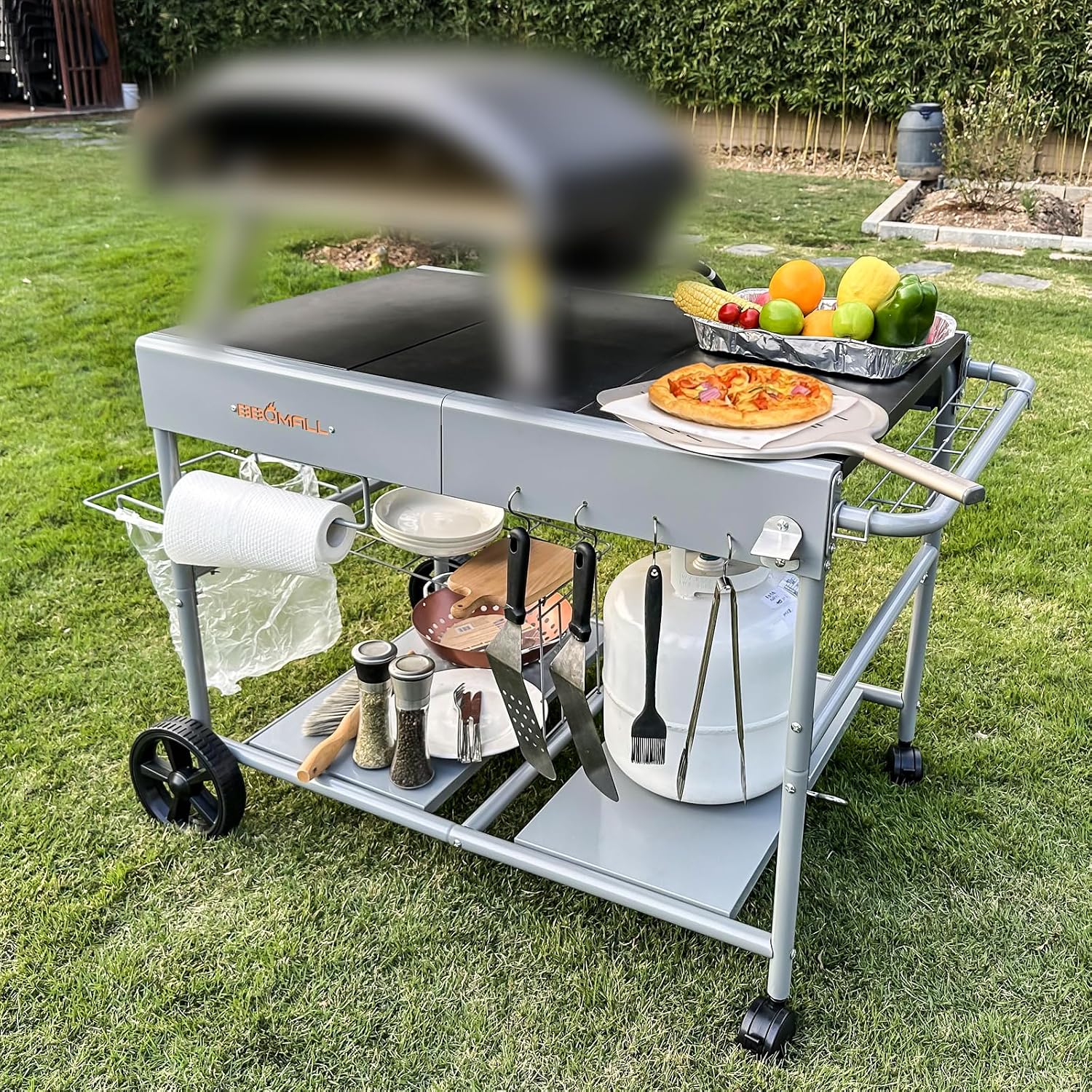 Upgraded Pizza Oven Cart Table for Ooni Koda/Karu/Fyra 16 & 12, Movable Thicken & Widen Rolling Kitchen Cart, Outdoor Grill Stand for Ninja Woodfire,Blackstone Griddle,Barbecue Tool Set