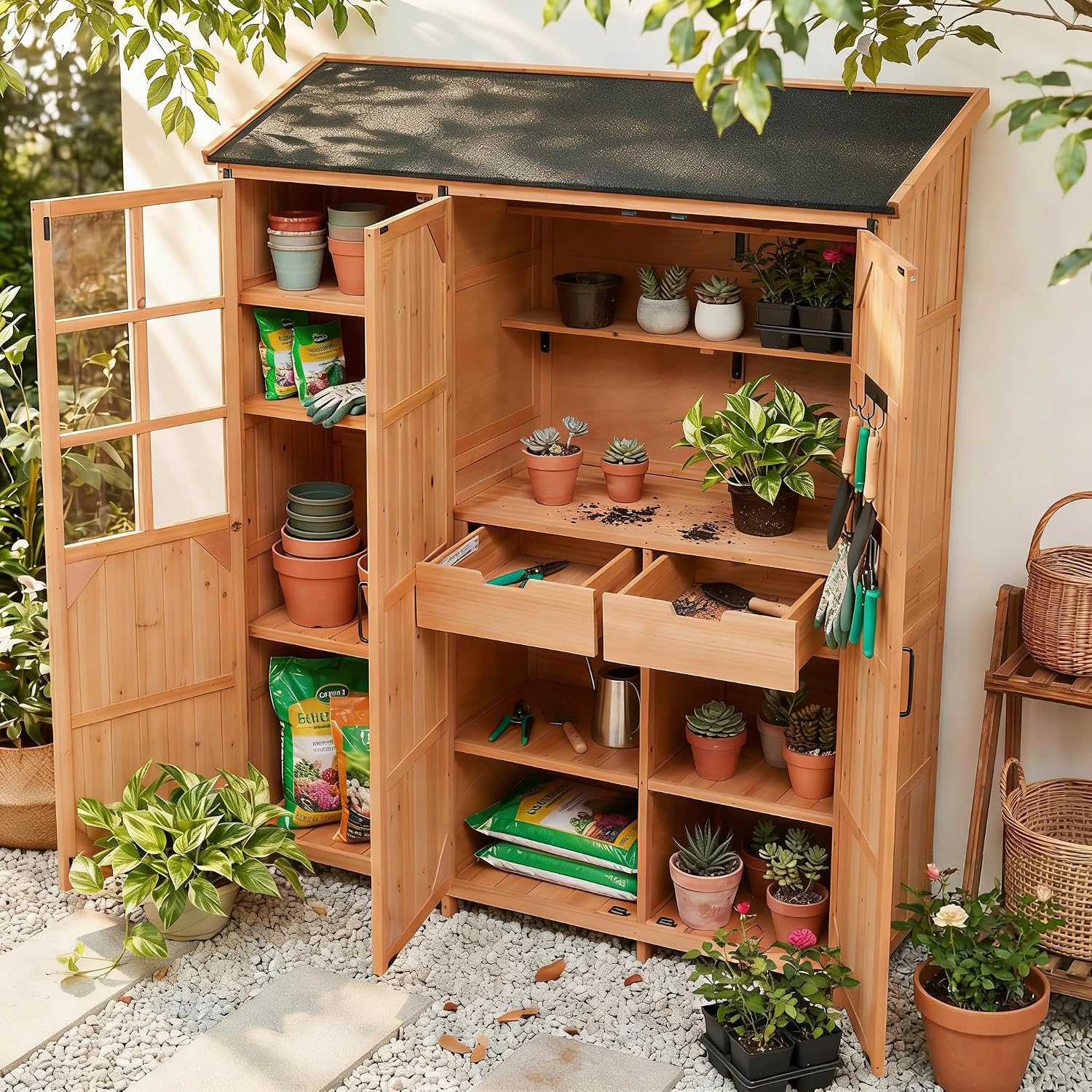 71.6' Large Potting Bench with Storage Cabinet and 2 Drawers, Garden Shed with Waterproof Roof and 7 Shelves, 6 Hooks for Backyard, Natural