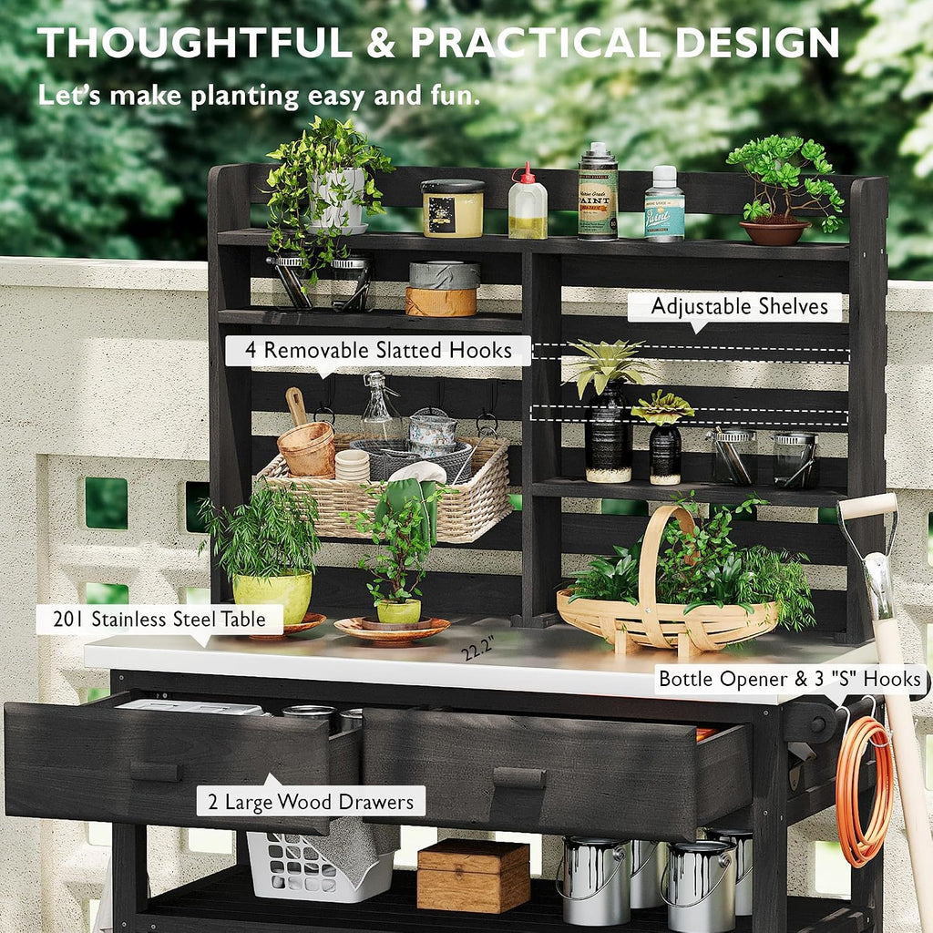 64.9' H Outdoor Potting Bench Table, Rolling Workstation Table with Lockable Wheels, Solid Wood Outdoor Kitchen Island with Upper Hutch, Stainless Steel Top and Towel Rack for Grilling, Lawn Garden