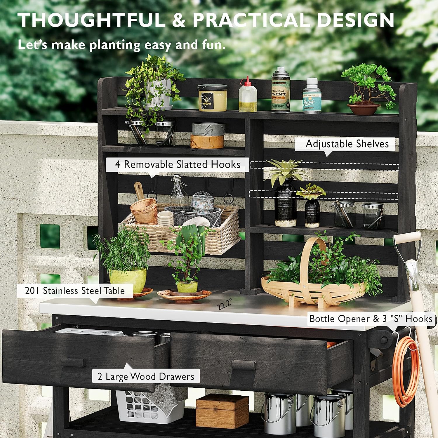 64.9' H Outdoor Potting Bench Table, Rolling Workstation Table with Lockable Wheels, Solid Wood Outdoor Kitchen Island with Upper Hutch, Stainless Steel Top and Towel Rack for Grilling, Lawn Garden
