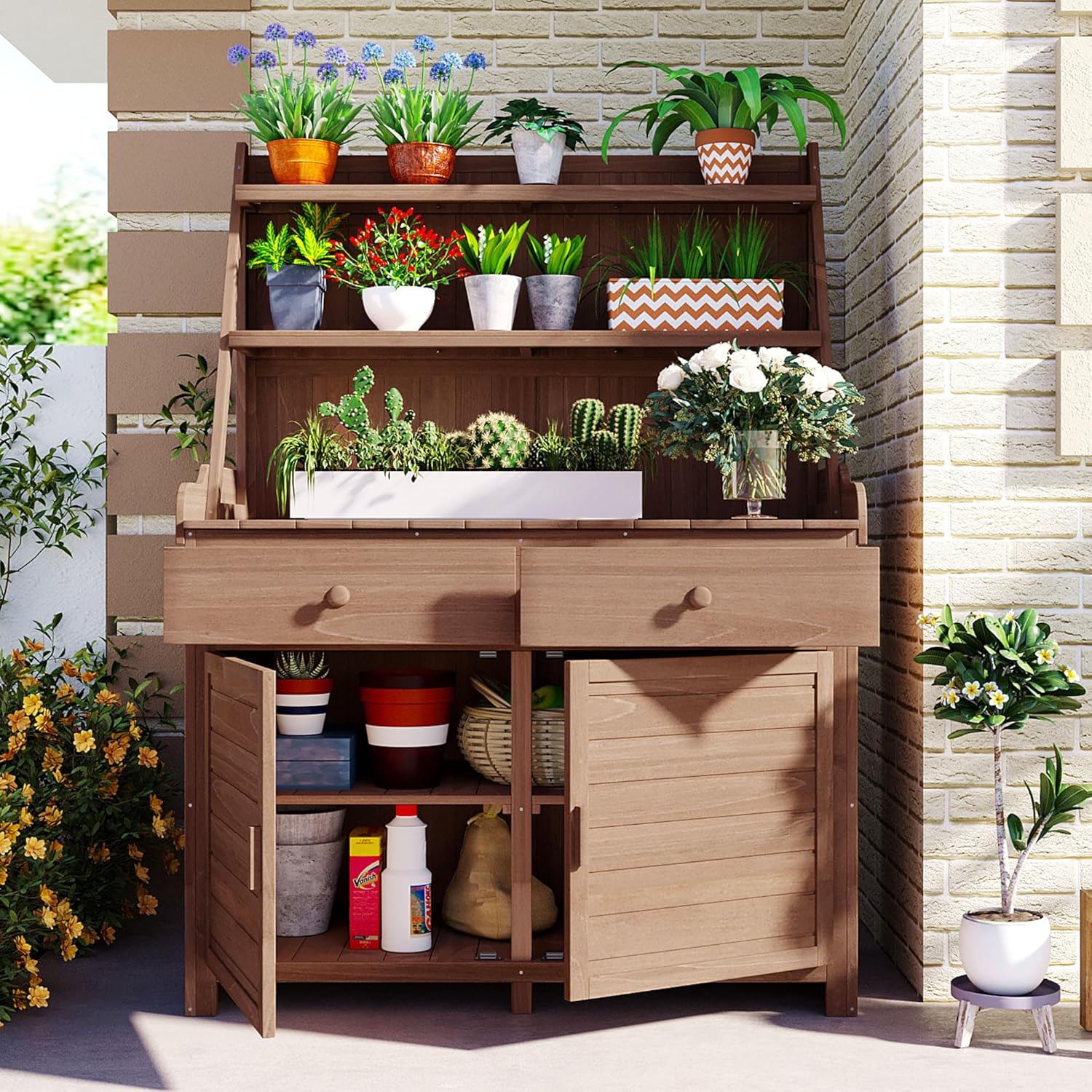 Christopher Knight Home Belfast 65'H Outdoor Potting Bench Table, Fir Wood Potting Table, Large Gardening Workstation with Storage Shelf, Garden Tools Shelf with Drawer and Cabinet for Backyard, Brown