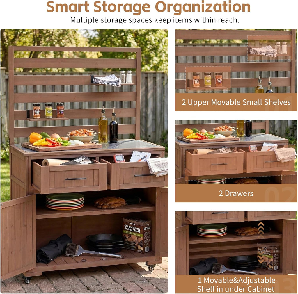 Outdoor Potting Bench with Storage Shelf and Cabinet, 65 in | Fir wood, 3-tier shelves, storage compartments, enclosed cabinet, anti-fall devices, garden, 47.2 W x 22.8 D x 65 H in