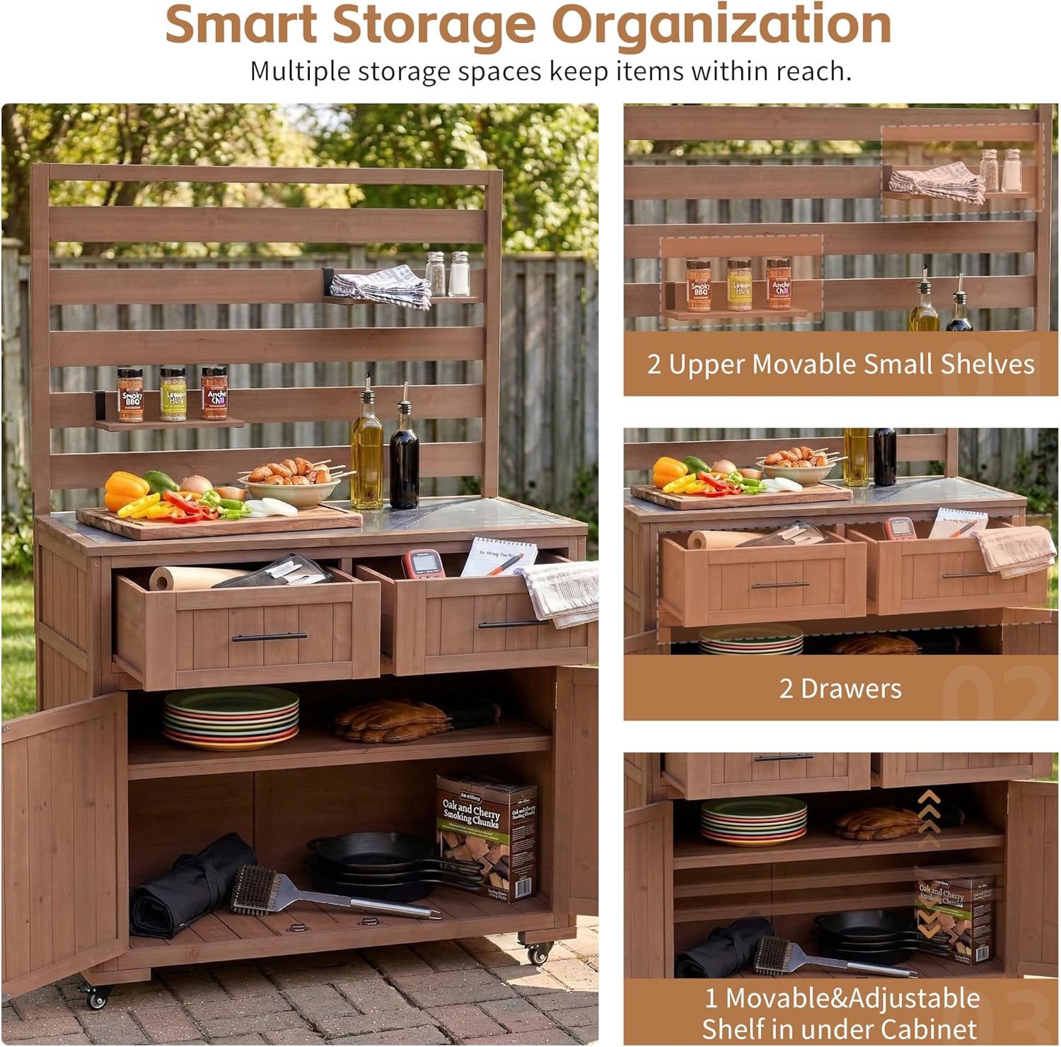 Outdoor Potting Bench with Storage Shelf and Cabinet, 65 in | Fir wood, 3-tier shelves, storage compartments, enclosed cabinet, anti-fall devices, garden, 47.2 W x 22.8 D x 65 H in