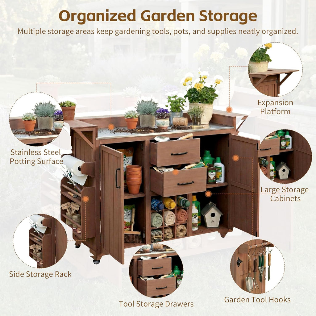 Modern 60.2''W Outdoor Kitchen Island with Wheels,Rolling Patio BBQ Cart with Stainless Steel Top,Wood Grill Cart with Spice Rack&Wine Rack,2 Drawers (Brown-T)