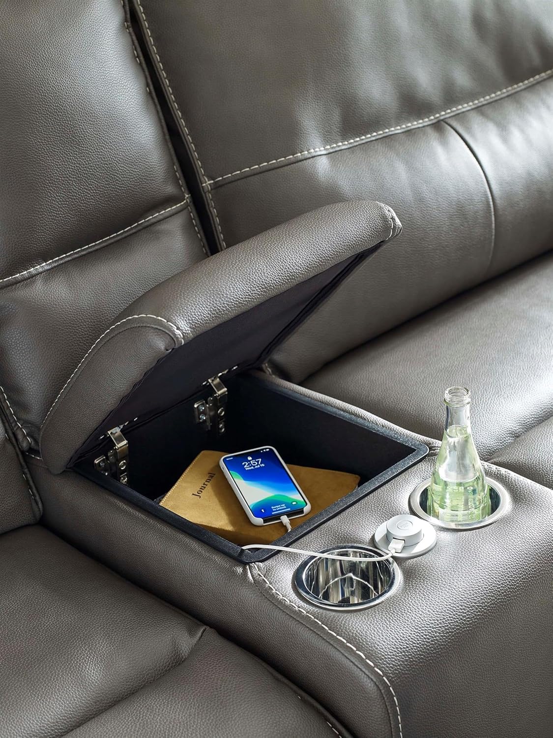 Pemberly Row Haze 7-Piece Power Reclining Sectional, 133'W x 133'D x 40'H, Adjustable Headrests, Faux Leather Cover, Storage Console with Cup Holders, USB Charging Ports, Plush Living Room Furniture