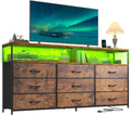 Romorgniz 55' W Dresser for Bedroom with 9 Drawers LED TV Stand with Power Outlets for 45, 55, 65 Inch TV Sturdy Long Chest of Drawers with Extra 2 Wooden Shelves Steel Frame Rustic Brown
