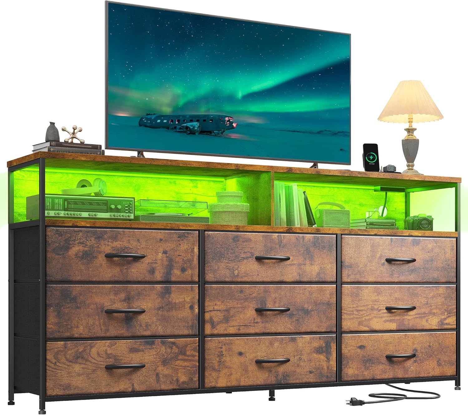 Romorgniz 55' W Dresser for Bedroom with 9 Drawers LED TV Stand with Power Outlets for 45, 55, 65 Inch TV Sturdy Long Chest of Drawers with Extra 2 Wooden Shelves Steel Frame Rustic Brown