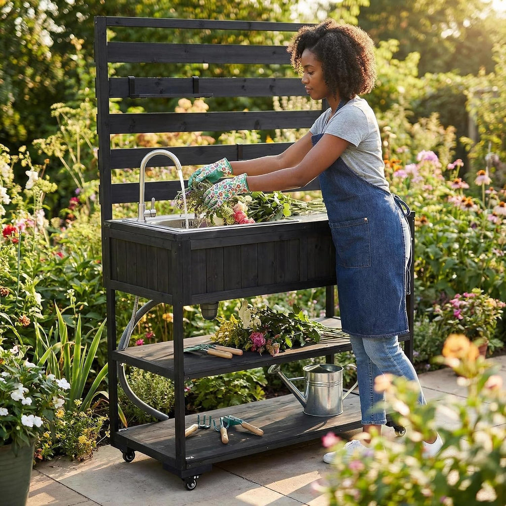 Outdoor Grill Table with Stainless Steel Sink, Outdoor Sink Station, 41.7' Rolling Kitchen Island Cart, Solid Wood Potting Table, 2 Shelves (Black)