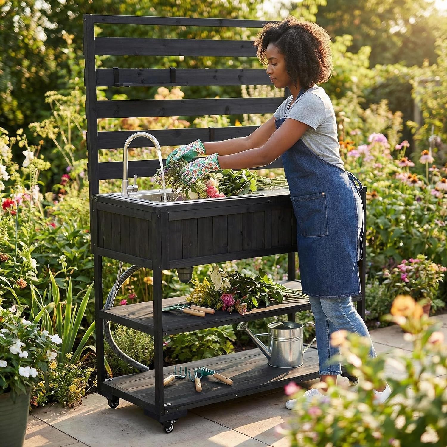 Outdoor Grill Table with Stainless Steel Sink, Outdoor Sink Station, 41.7' Rolling Kitchen Island Cart, Solid Wood Potting Table, 2 Shelves (Black)