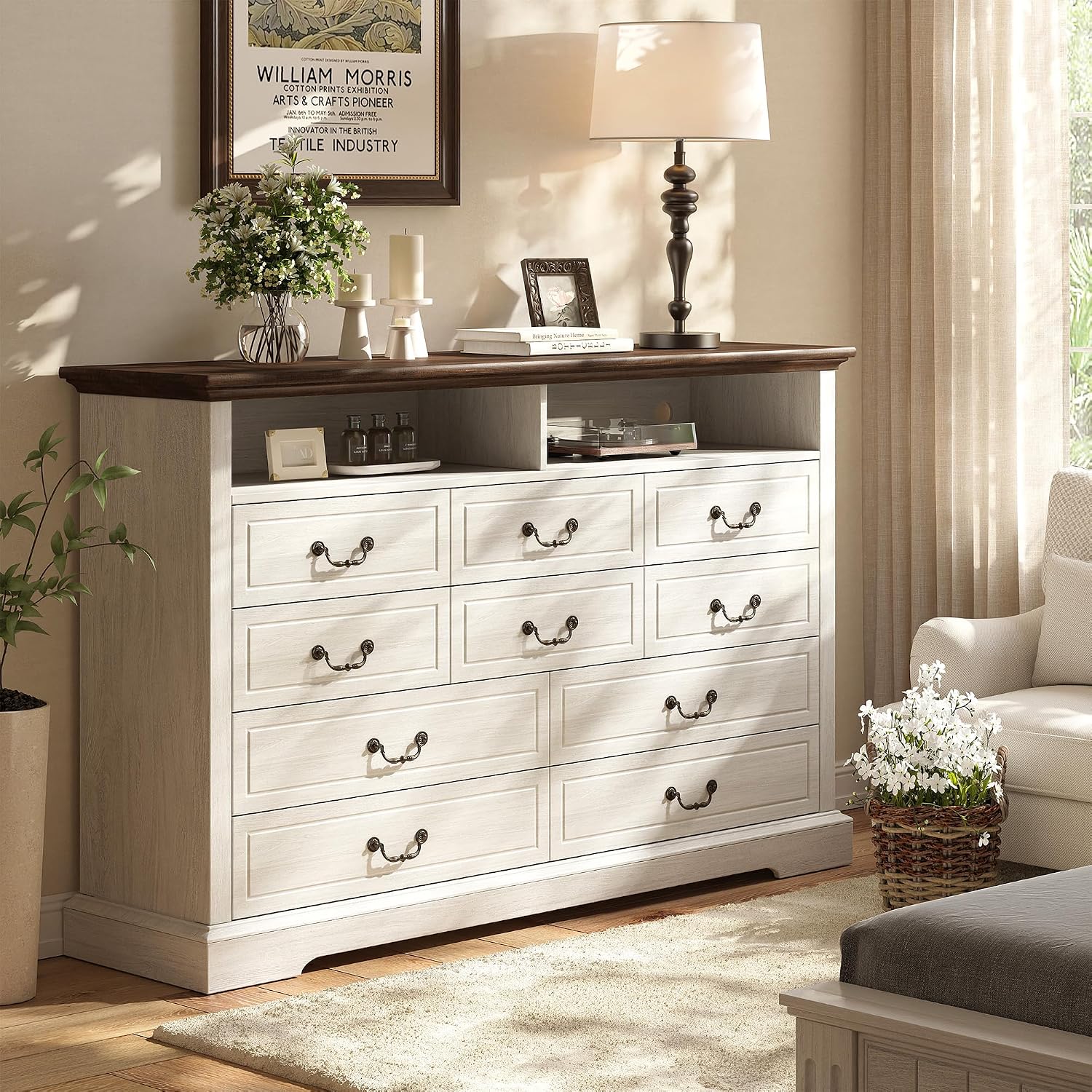 EnHomee 10 Drawers Dresser for Bedroom 55.2''Wide Wood Dresser White with LED & Power Outlet Large Space Saver & Chests of Drawers for Hallway, 55.2' W x 39.4' H x15.8 D