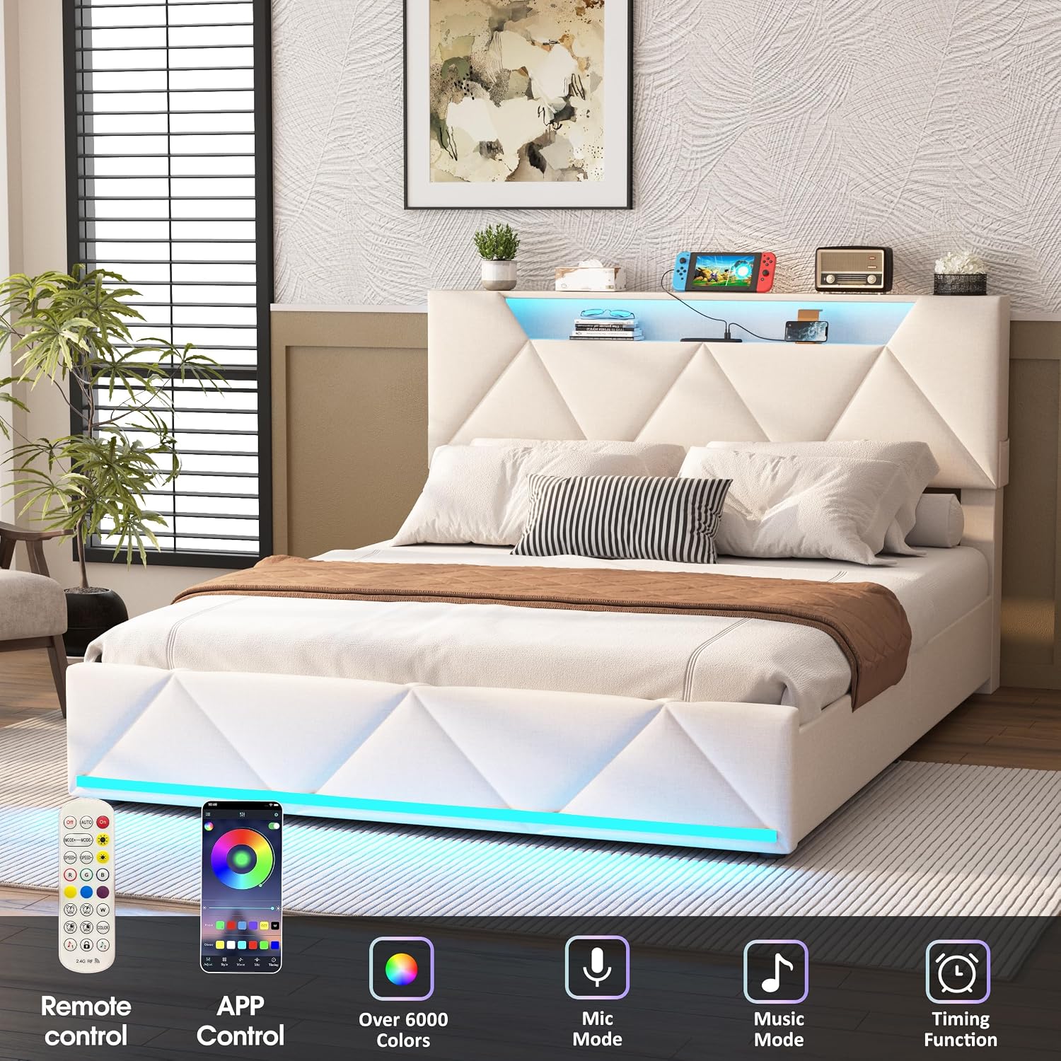 Vabches Full Bed Frame with Storage Headboard and 4 Drawers,Upholstered Platform with Charging Station and Led Lights,Adjustable Headboard,No Box Spring Needed,Beige