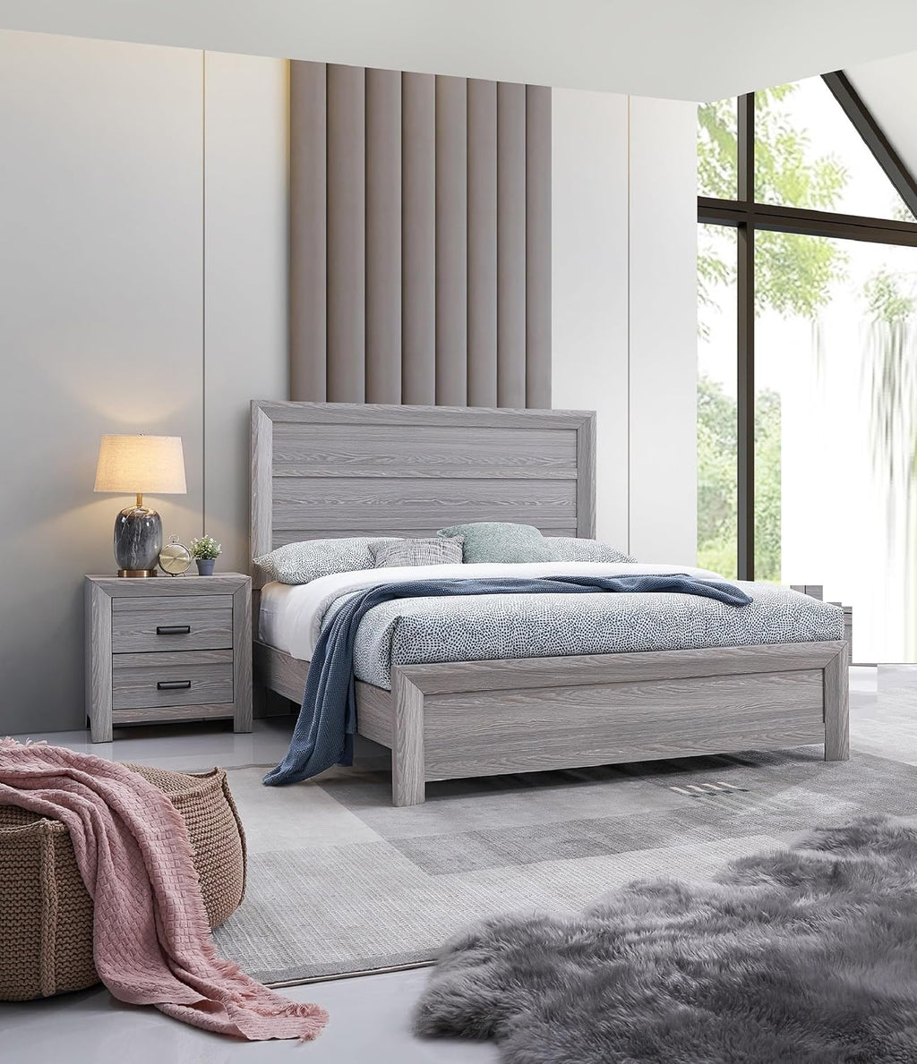 Drift Wood Grey Finish 3pc Full Size Bed 2X Nightstand Set Wooden Bedroom Furniture