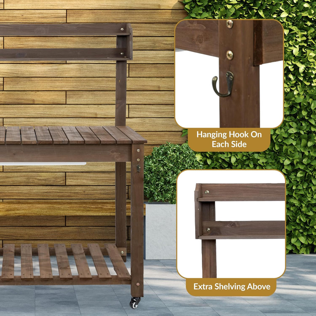 Sunnydaze Wheeled Garden Potting Bench with Sink - Outdoor Potting Table - Garden Table with Planting Station and Hooks - Brown