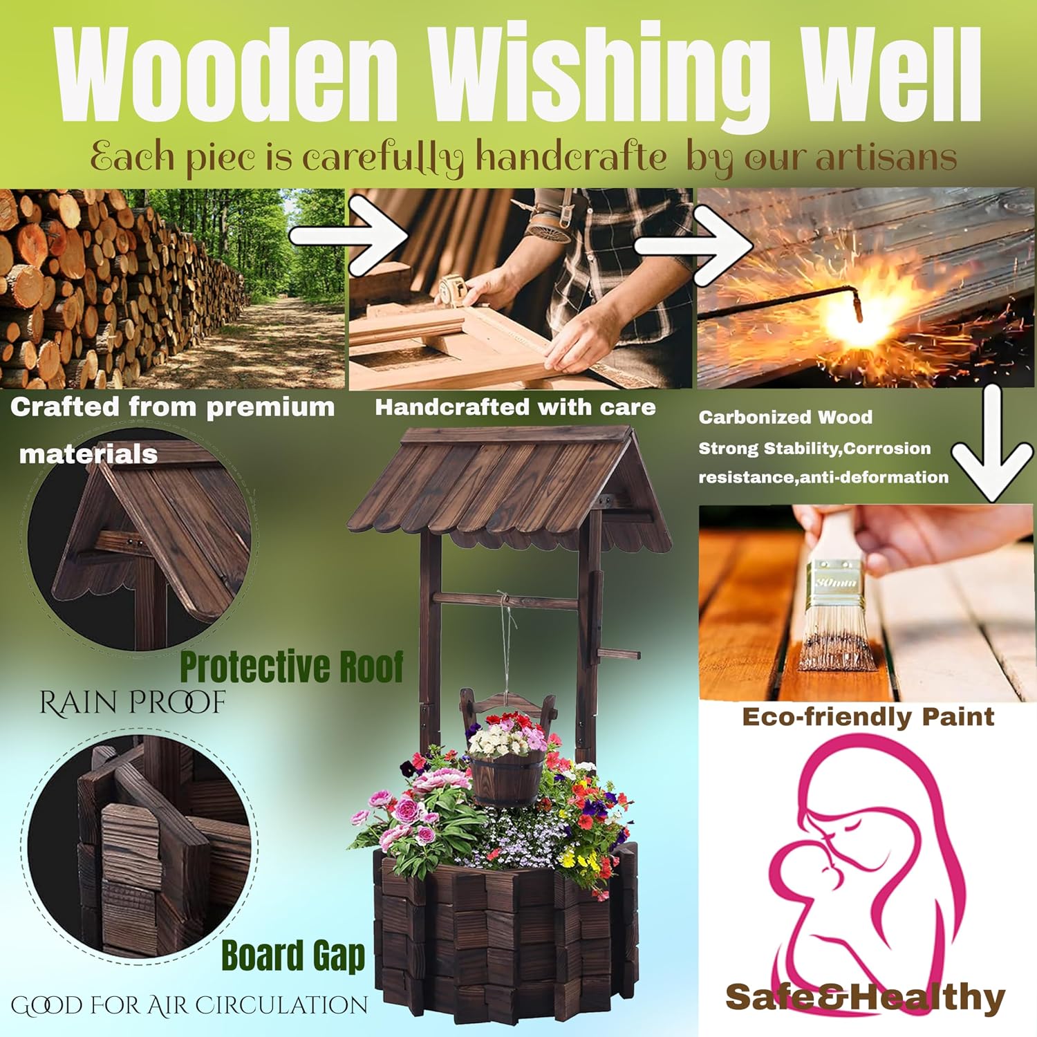 NestNature 21.75' Carbonized Wooden Wishing Well Planter for Outside, Rustic Outdoor Wishing Well with 4 Reinforced Rods & Hanging Bucket, Decorative Well Cover for Yard Garden Patio Lawn Backyard