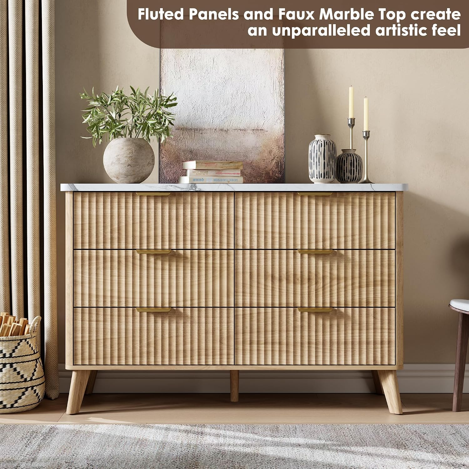 Fluted Dresser for Bedroom with 6 Deep Drawers, 47.2 in Tall Chest of Drawers with Faux Marble Top, Curved Profile Design, Modern Wooden Dresser, for Living Room, Kids Room, Hallway, Natural Oak