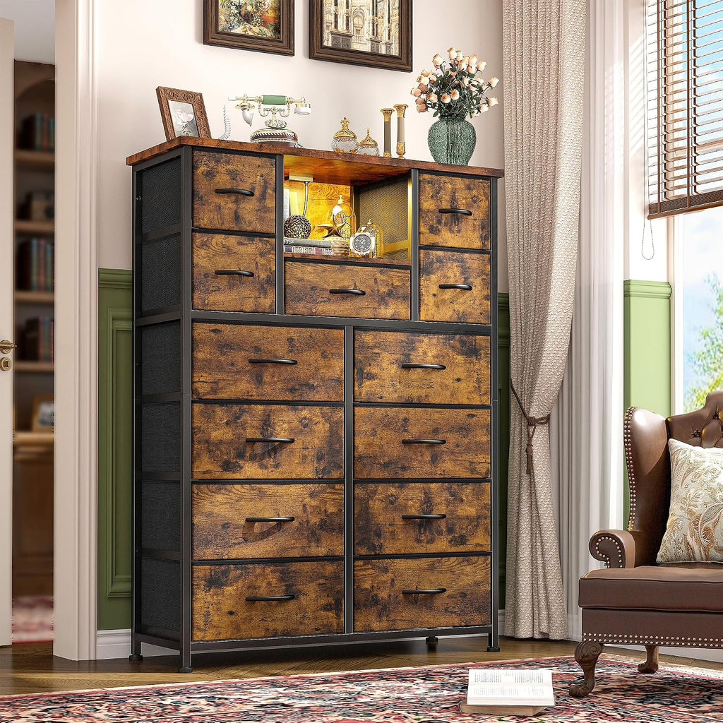 Romorgniz Dresser for Bedroom with 13 Fabric Drawers, Dressers with LED & 4 Charging Ports, 47''H Chest of Drawers with Open Storage Shelves for Hallway, Entryway, Rustic Brown