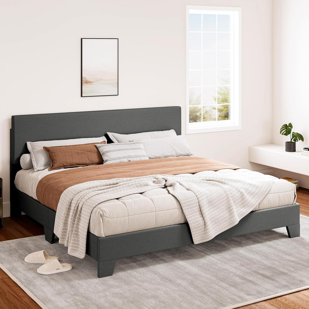 SHA CERLIN Dark Grey King Platform Upholstered Bed Frame with Adjustable Headboard, Wood Slats Support, No Box Spring Needed, Easy Assembly, Easy Clean Up