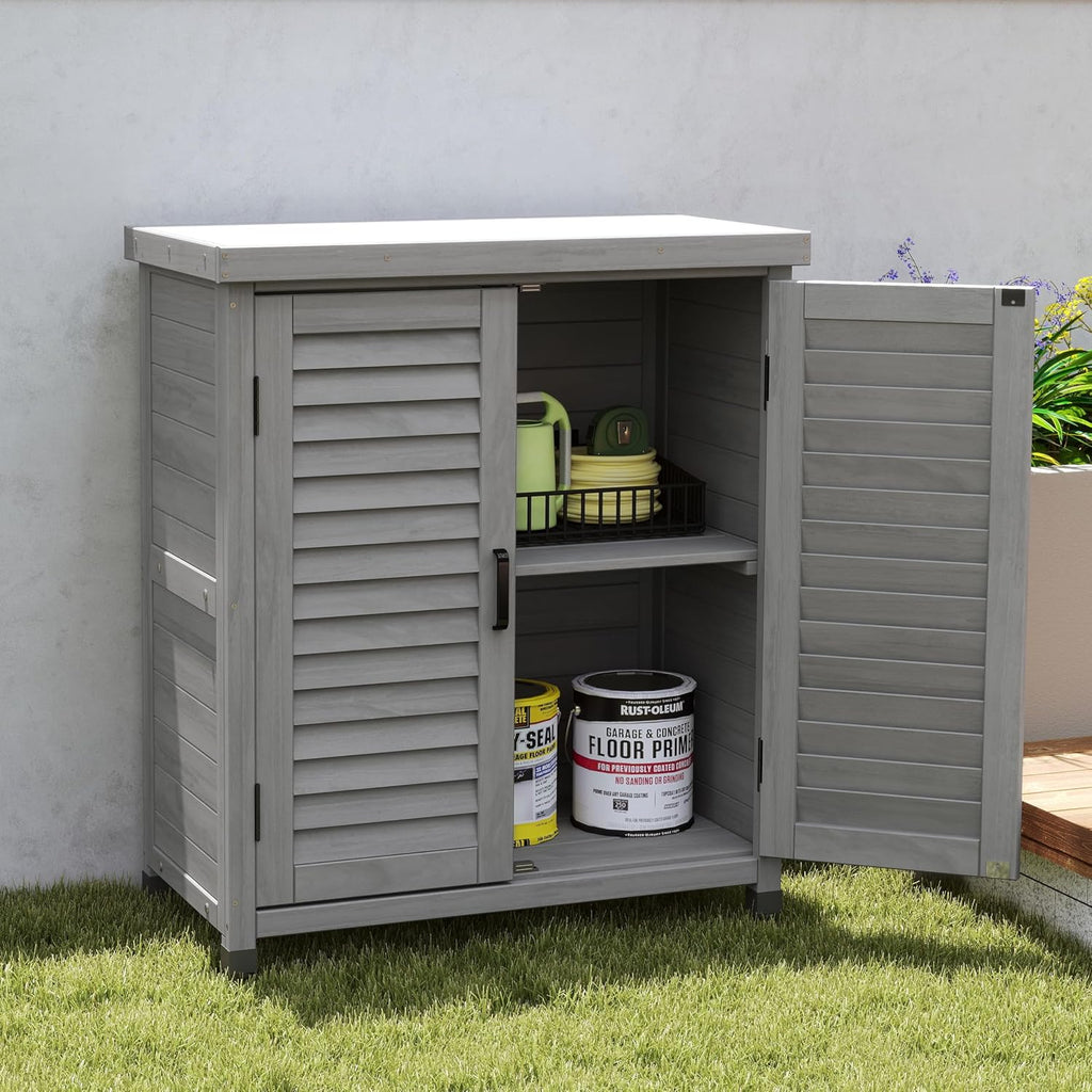 Potting Bench with Storage Cabinet and Metal Table Top - Outdoor Patio Garden Furniture Wood Workstation - Spacious Interior for Organizing Garden Supplies and Outdoor Gear (Grey)