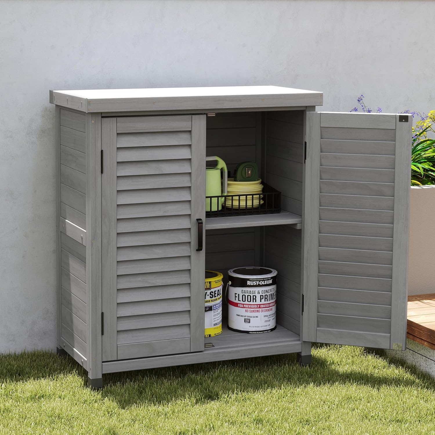 Potting Bench with Storage Cabinet and Metal Table Top - Outdoor Patio Garden Furniture Wood Workstation - Spacious Interior for Organizing Garden Supplies and Outdoor Gear (Grey)