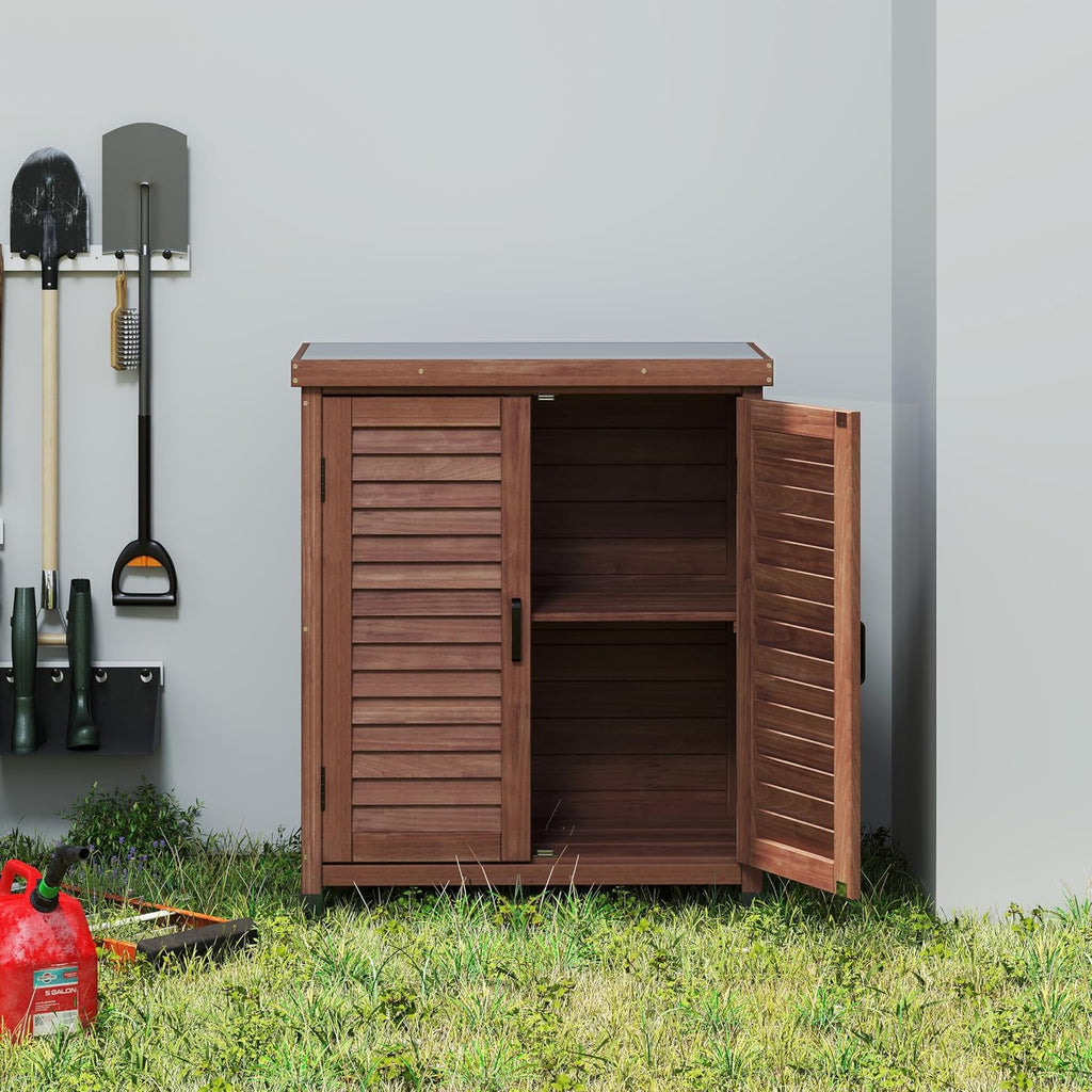 Potting Bench with Storage Cabinet and Metal Table Top for Outdoor Patio, GFurniture Wood Workstation Coffee 31.5x17x36''