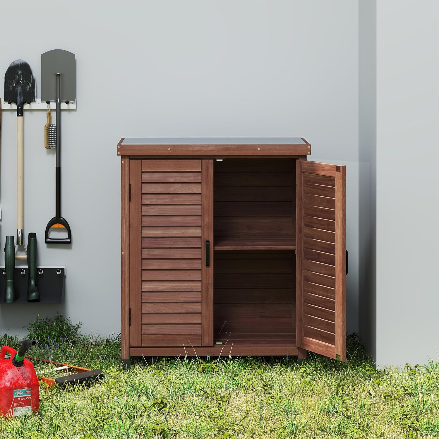 Potting Bench with Storage Cabinet and Metal Table Top for Outdoor Patio, GFurniture Wood Workstation Coffee 31.5x17x36''