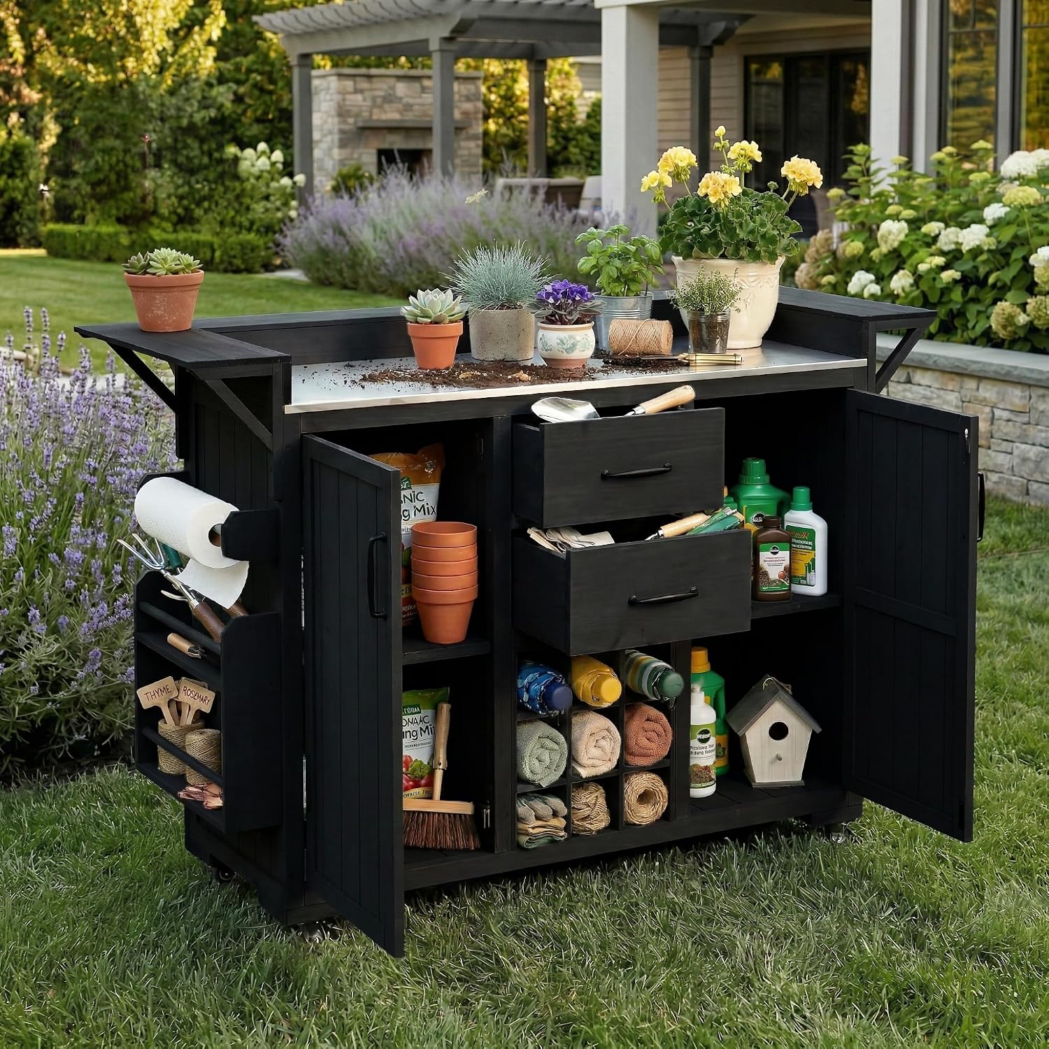 Modern 60.2''W Outdoor Kitchen Island with Wheels,Rolling Patio BBQ Cart with Stainless Steel Top,Wood Grill Cart with Spice Rack&Wine Rack,2 Drawers (Black-T)