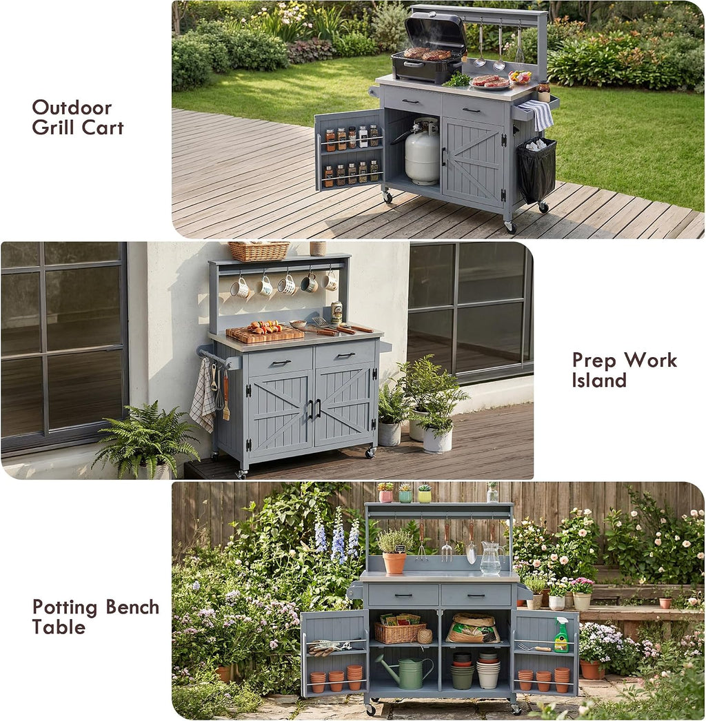 54.1' Outdoor Kitchen Island with High Shelf, Large Potting Bench Table with Stainless Steel Top, Solid Wood Grill Cart with Lockable Wheels for BBQ, Garden (Grey Blue-hs)