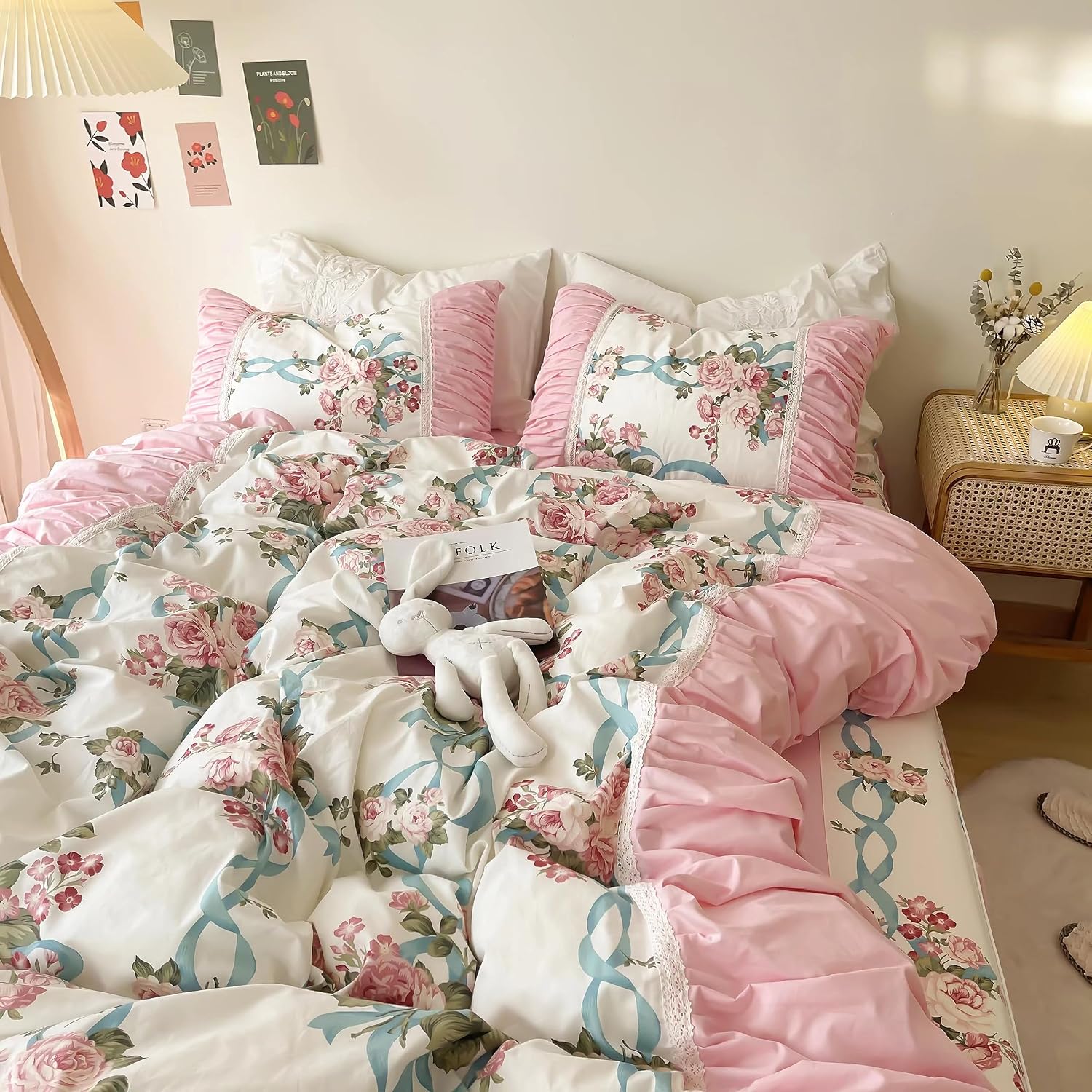 LELVA Romantic Rose Flower Print Bedding for Girls Duvet Cover Set with Bed Skirt Pink Lace Ruffle Floral Shabby Bedding Sets Full Piece