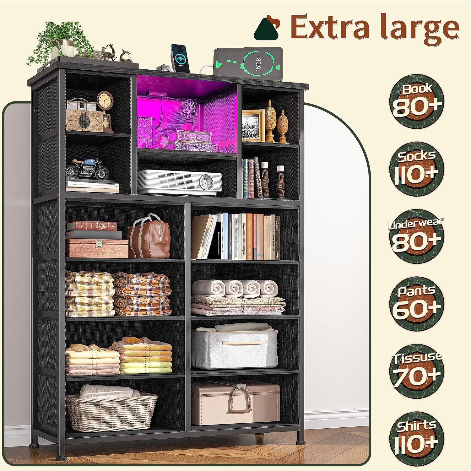 Romorgniz Dresser for Bedroom with 13 Fabric Drawers, Black Dresser with LED & 4 Charging Ports, 47''H Chest of Drawers with Open Storage Shelves for Hallway, Entryway
