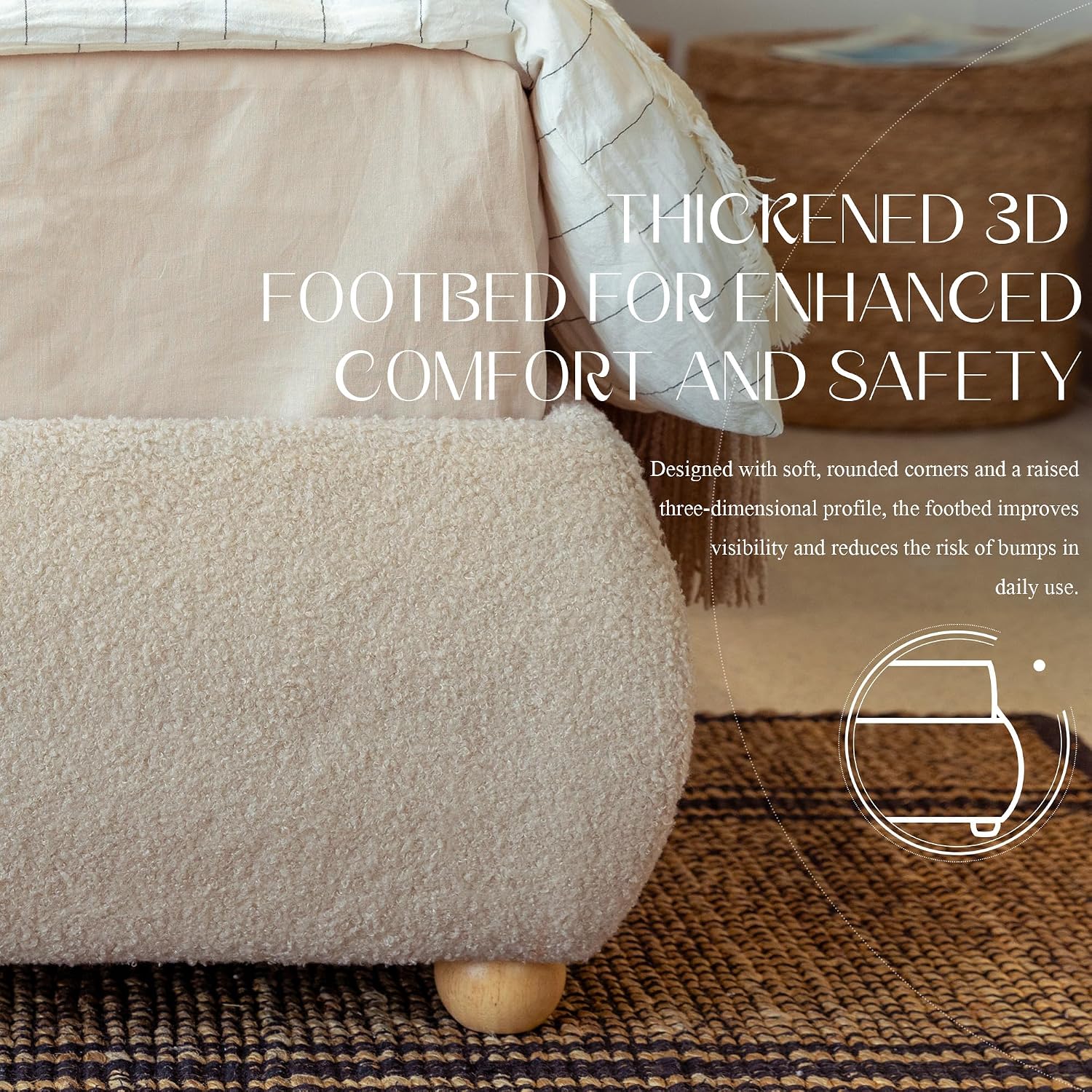Yechen Boucle Cloud Full Bed Frame with Round Corner Headboard, Upholstered Soft Creamy Bedframe with Solid Wood Legs, Boho Fluffy Bed with Wooden Slats, Easy Assembly, No Box Spring Needed, Khaki