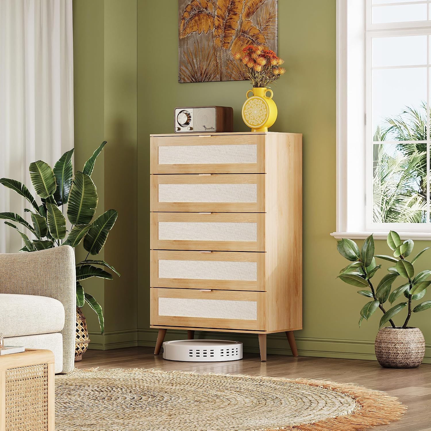 WLIVE Rattan Dresser for Bedroom, 50' Tall 5 Drawer Wooden Chest of Drawers, Boho Dresser Closet Storage Organizer for Living Room, Hallway, Light Oak