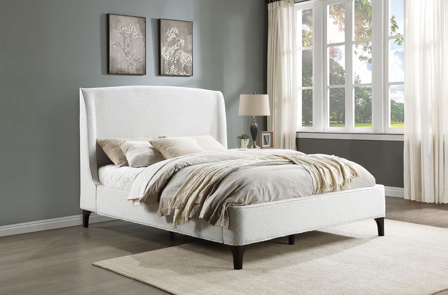 Coaster Home Furnishings - Mosby - Wood - Upholstered Bed with Curved Headboard, Boucle Upholstery and Wingback Design - Bedroom - Queen Size - Snow - 306020Q