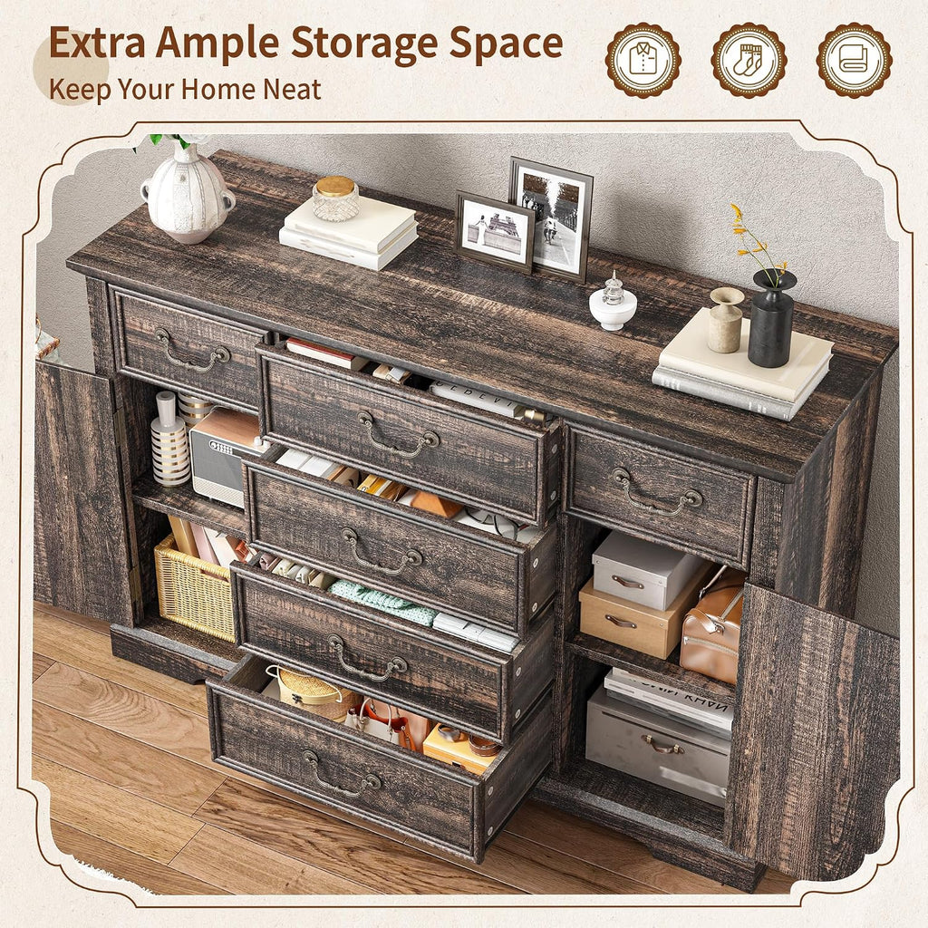 Homkdom Farmhouse Dresser – 6 Drawers & 2 Doors for Bedroom Storage Dresser Sturdy Build & Smooth Silent Slides，Dark Rustic Oak