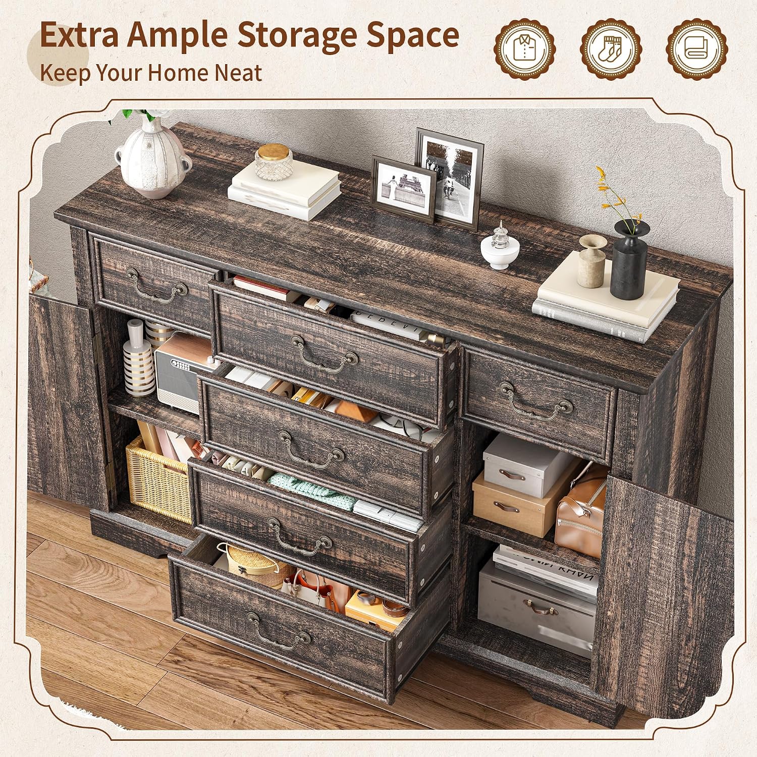 Homkdom Farmhouse Dresser – 6 Drawers & 2 Doors for Bedroom Storage Dresser Sturdy Build & Smooth Silent Slides，Dark Rustic Oak
