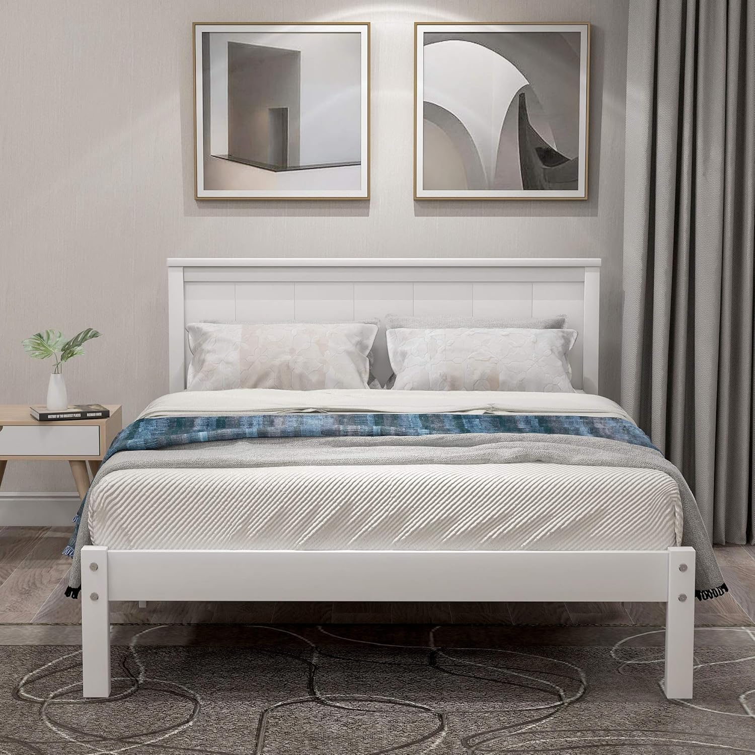 Twin Size Wood Bed Frame and Headboard, Modern Retro White Platform Beds Frames, Sturdy and Durable Design Mid Century Rustic Wooden Bedroom Set, No Box Spring Needed (White, Twin)