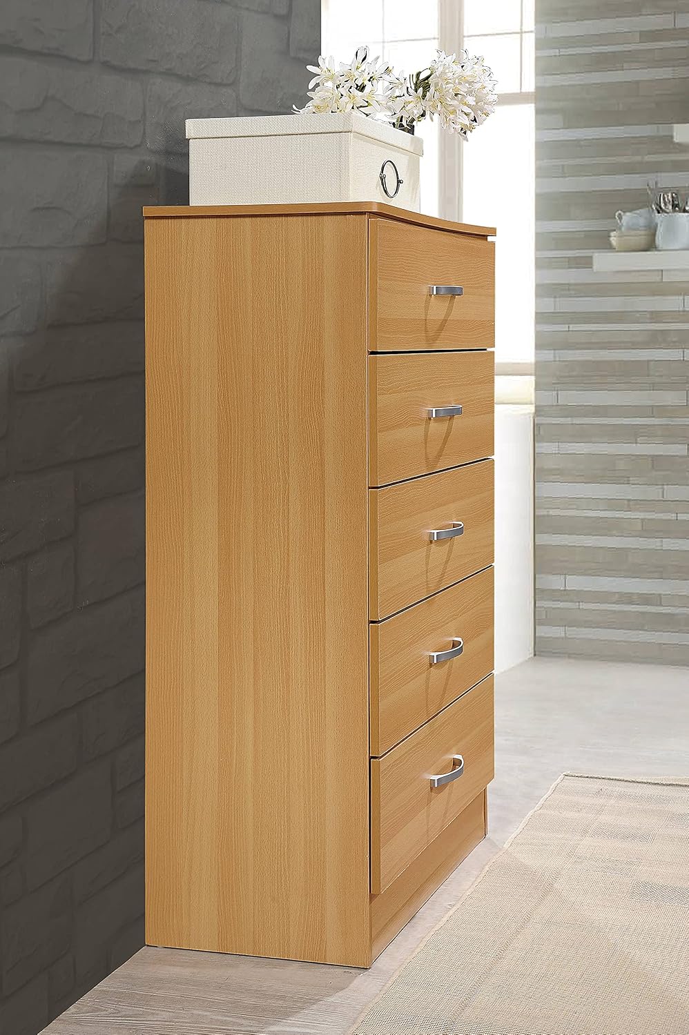 HODEDAH 5 Drawer Wood Dresser for Bedroom, Chest of Drawers with Metal Rails for Support when Storing Clothing, Beech, 47.8x31.5 inches