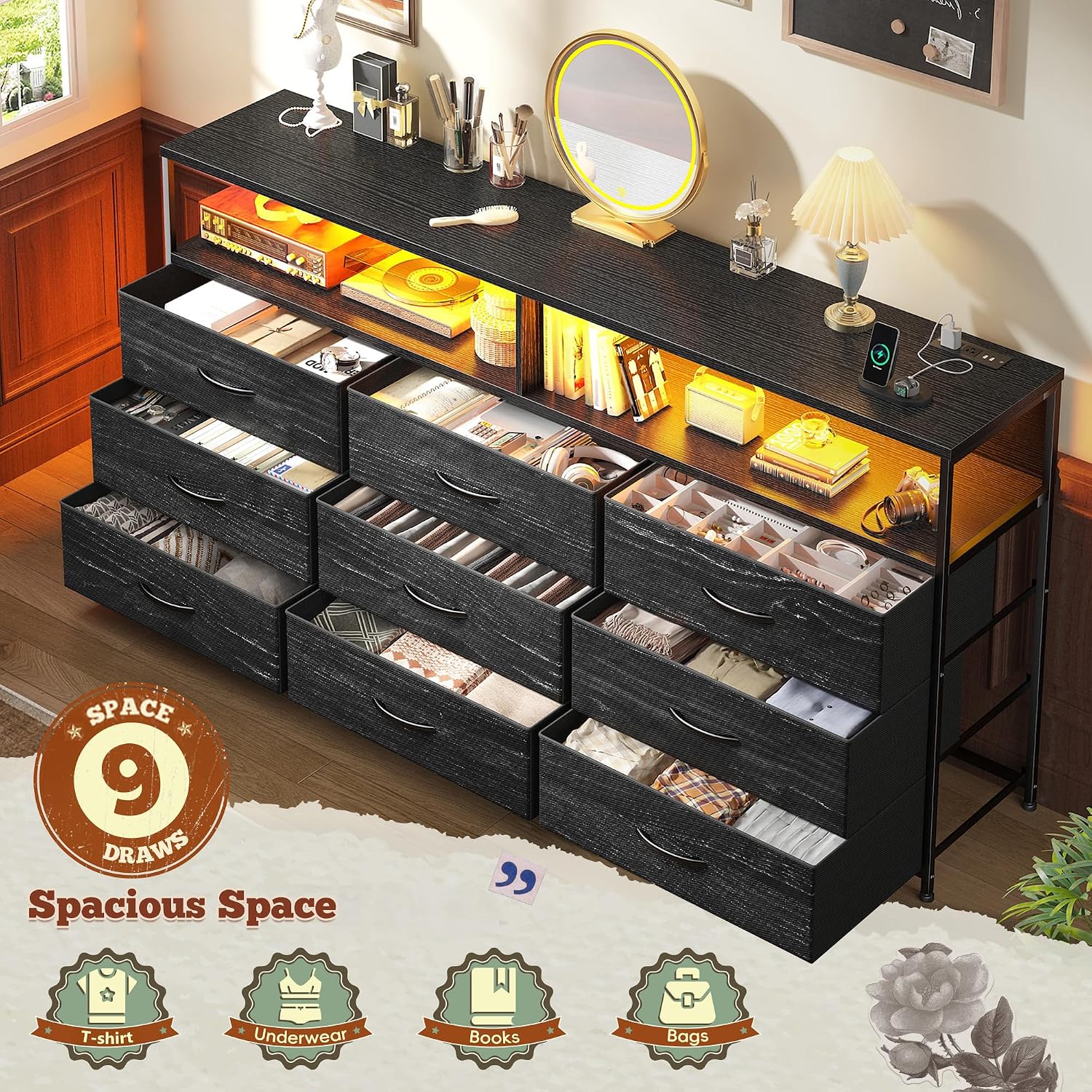 Romorgniz 55' W Dresser for Bedroom with 9 Drawers LED TV Stand with Power Outlets for 45, 55, 65 Inch TV Sturdy Long Chest of Drawers with Extra 2 Wooden Shelves Steel Frame Grain Black
