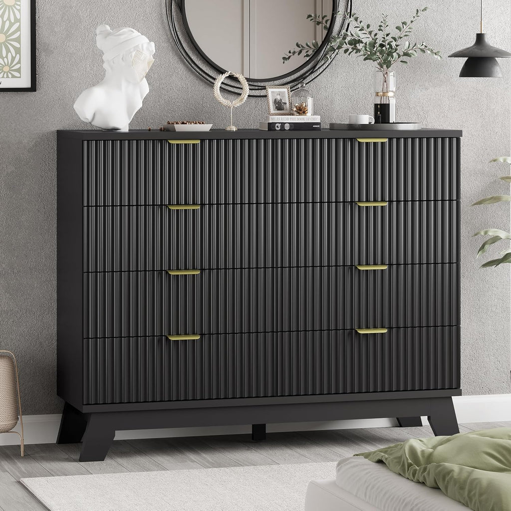 Fluted Dresser for Bedroom with 8 Drawers, 48' Wide Modern Chest of Drawers with Metal Handle, Wooden Dresser TV Stand, Wood Closet Clothes Storage Drawer Organizer for Living Room, Hallway, Black