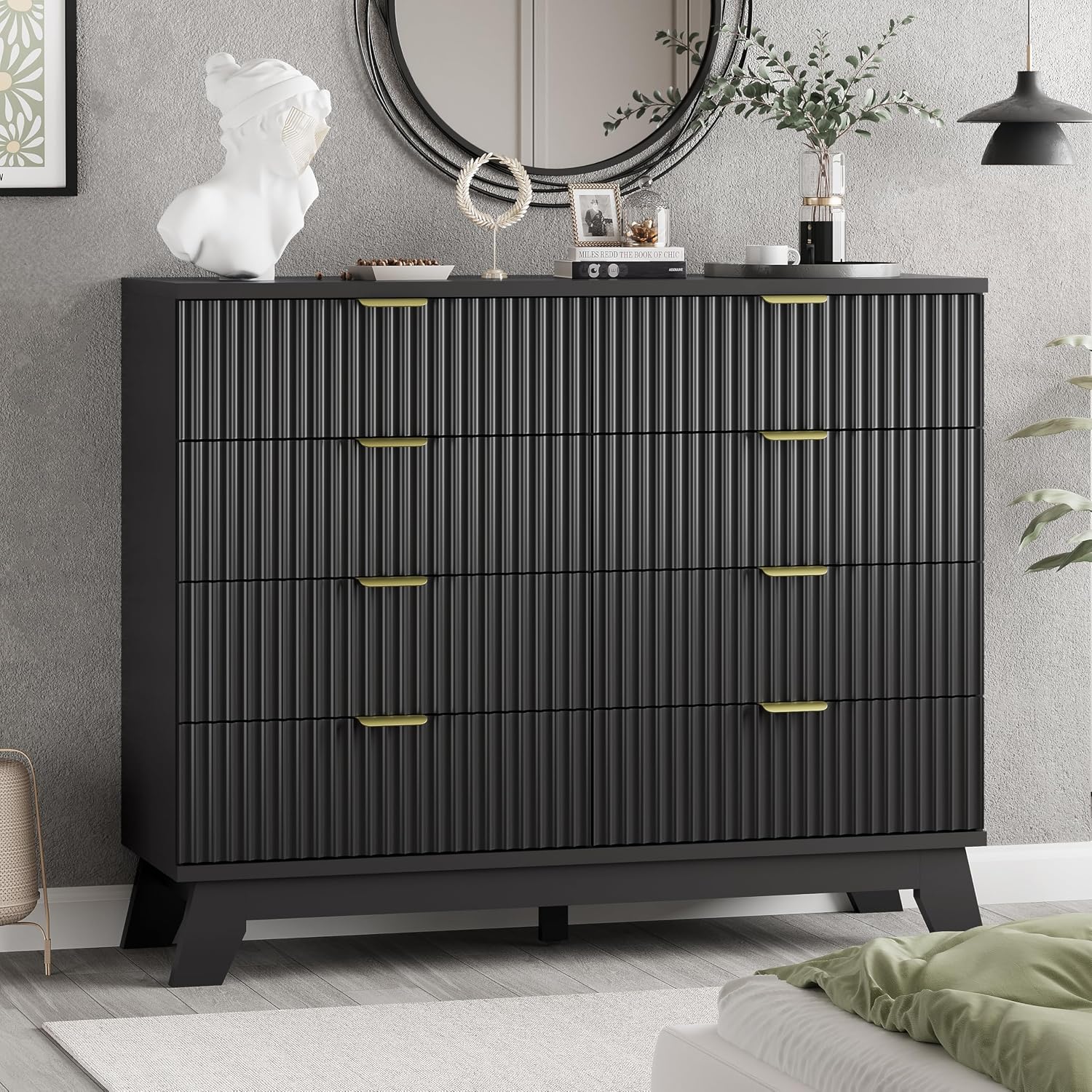Fluted Dresser for Bedroom with 8 Drawers, 48' Wide Modern Chest of Drawers with Metal Handle, Wooden Dresser TV Stand, Wood Closet Clothes Storage Drawer Organizer for Living Room, Hallway, Black