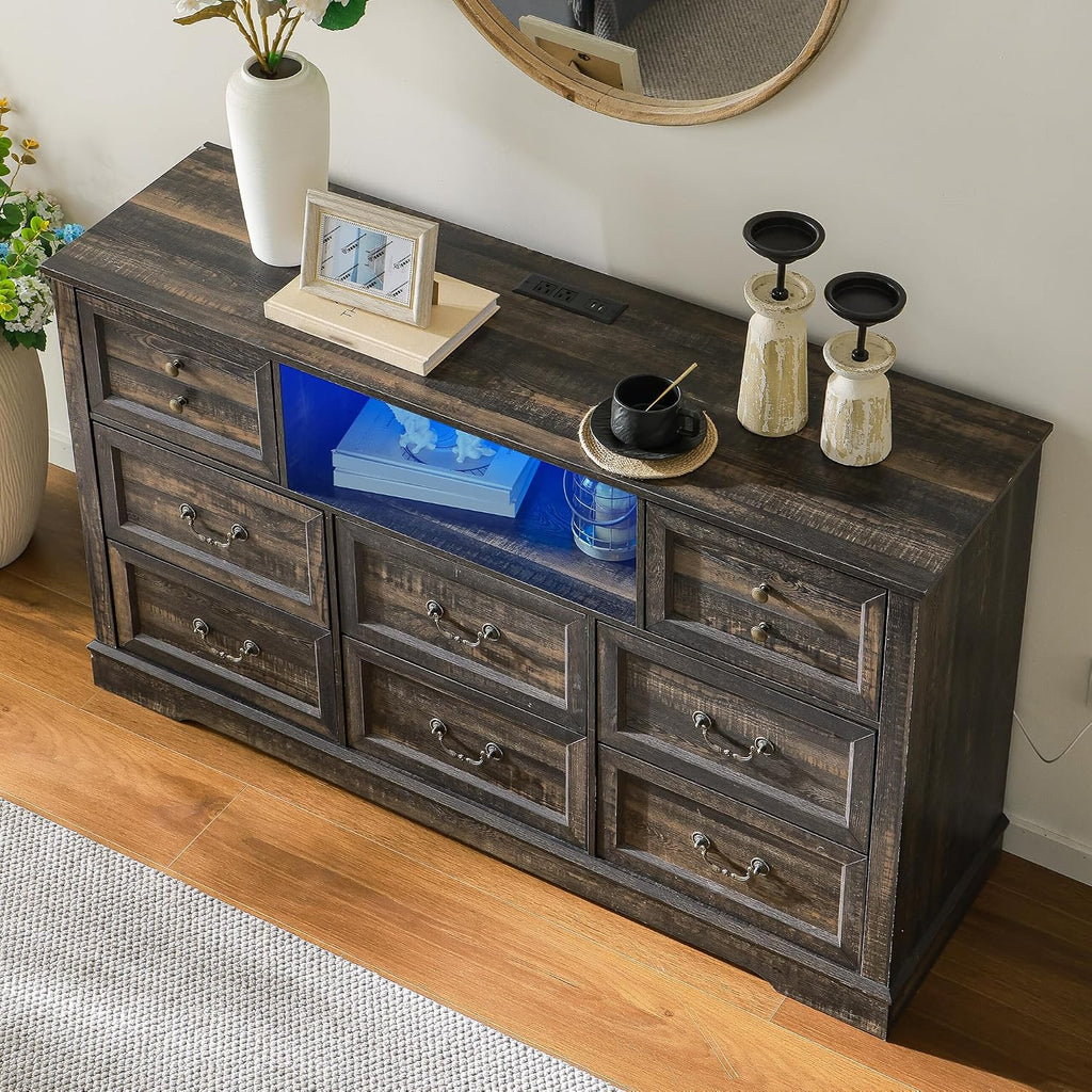 Homkdom Dresser for Bedroom with Charging Station & Led Lights,55.02' TV Stand with 8 Drawers,Dressers & Chests of Drawers with Open Shelves,Hallway,55.02' W x 34.53' H x 15.77' D Rustic Oak